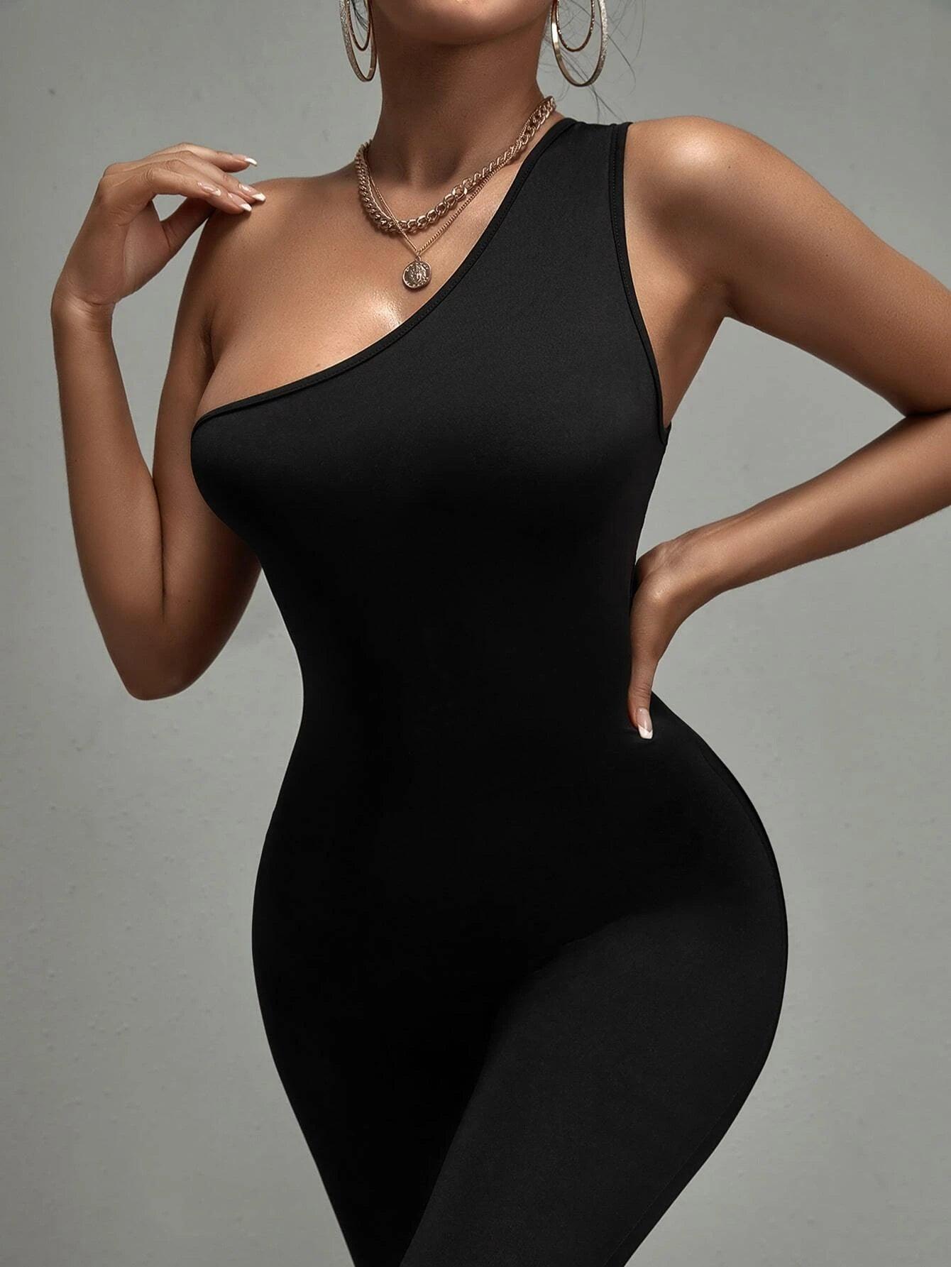 One Shoulder Unitard Jumpsuit-Comfy Jumpsuits