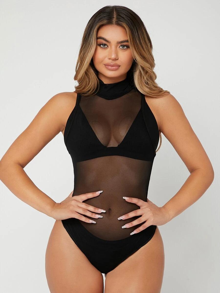 Mock Neck Sheer Mesh Bodysuit-Comfy Jumpsuits