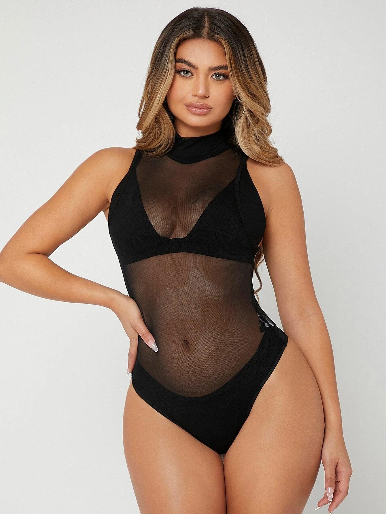 Mock Neck Sheer Mesh Bodysuit-Comfy Jumpsuits