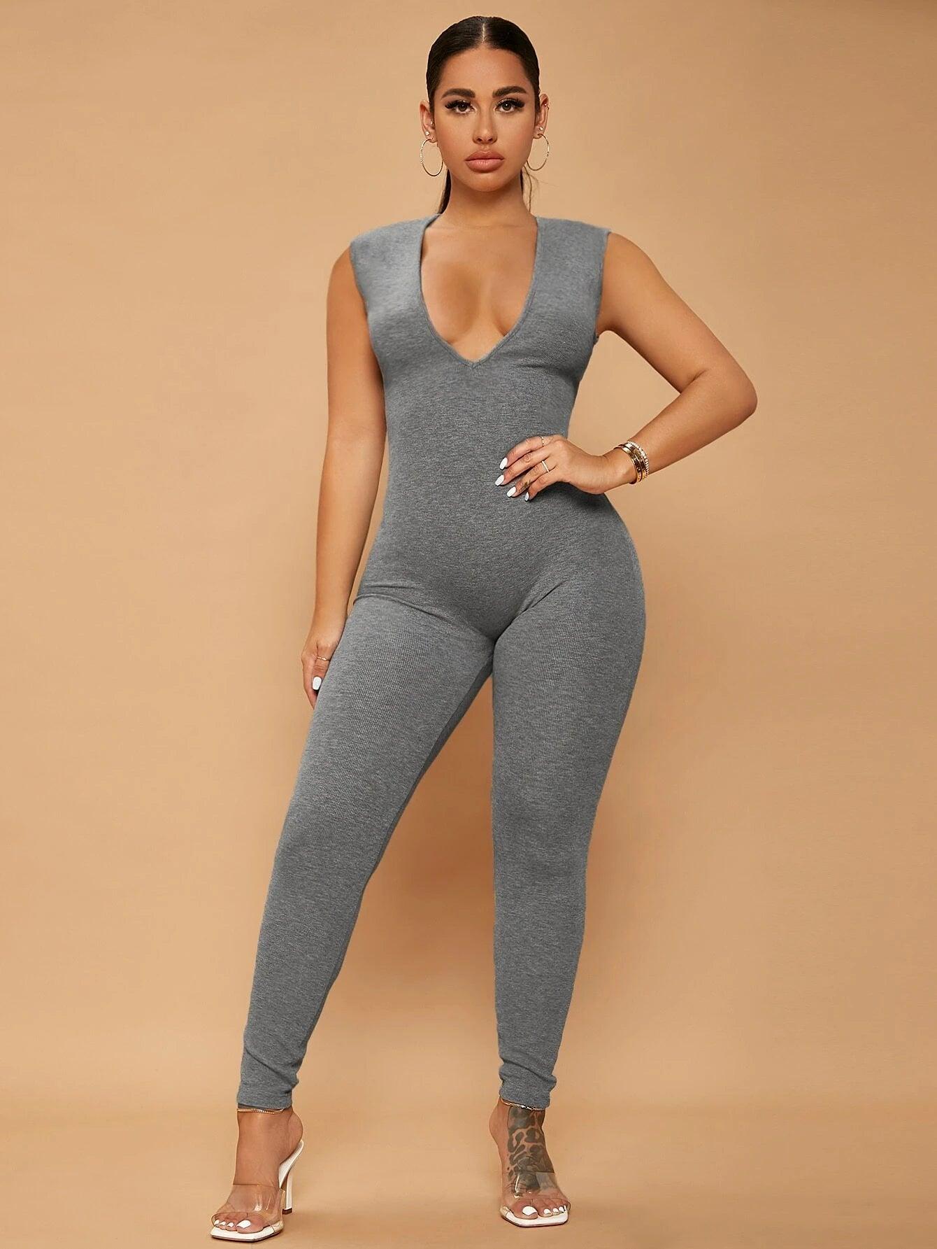 Deep V Neck Unitard Jumpsuit-Comfy Jumpsuits