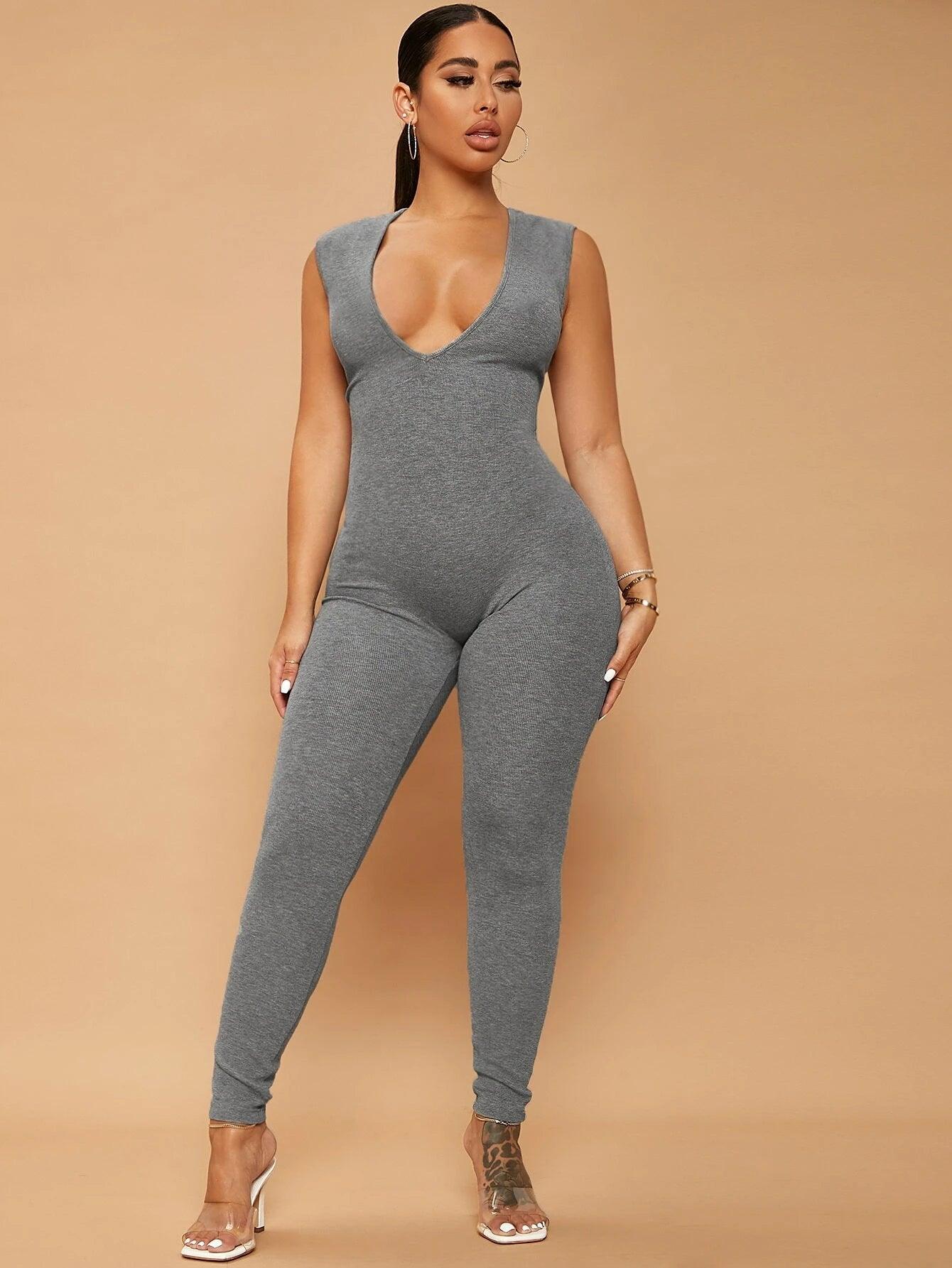 Deep V Neck Unitard Jumpsuit-Comfy Jumpsuits