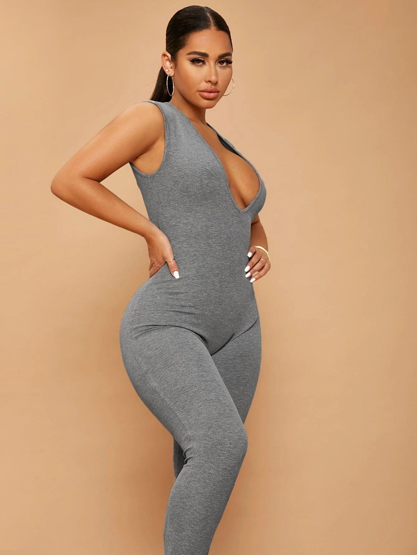 Deep V Neck Unitard Jumpsuit-Comfy Jumpsuits