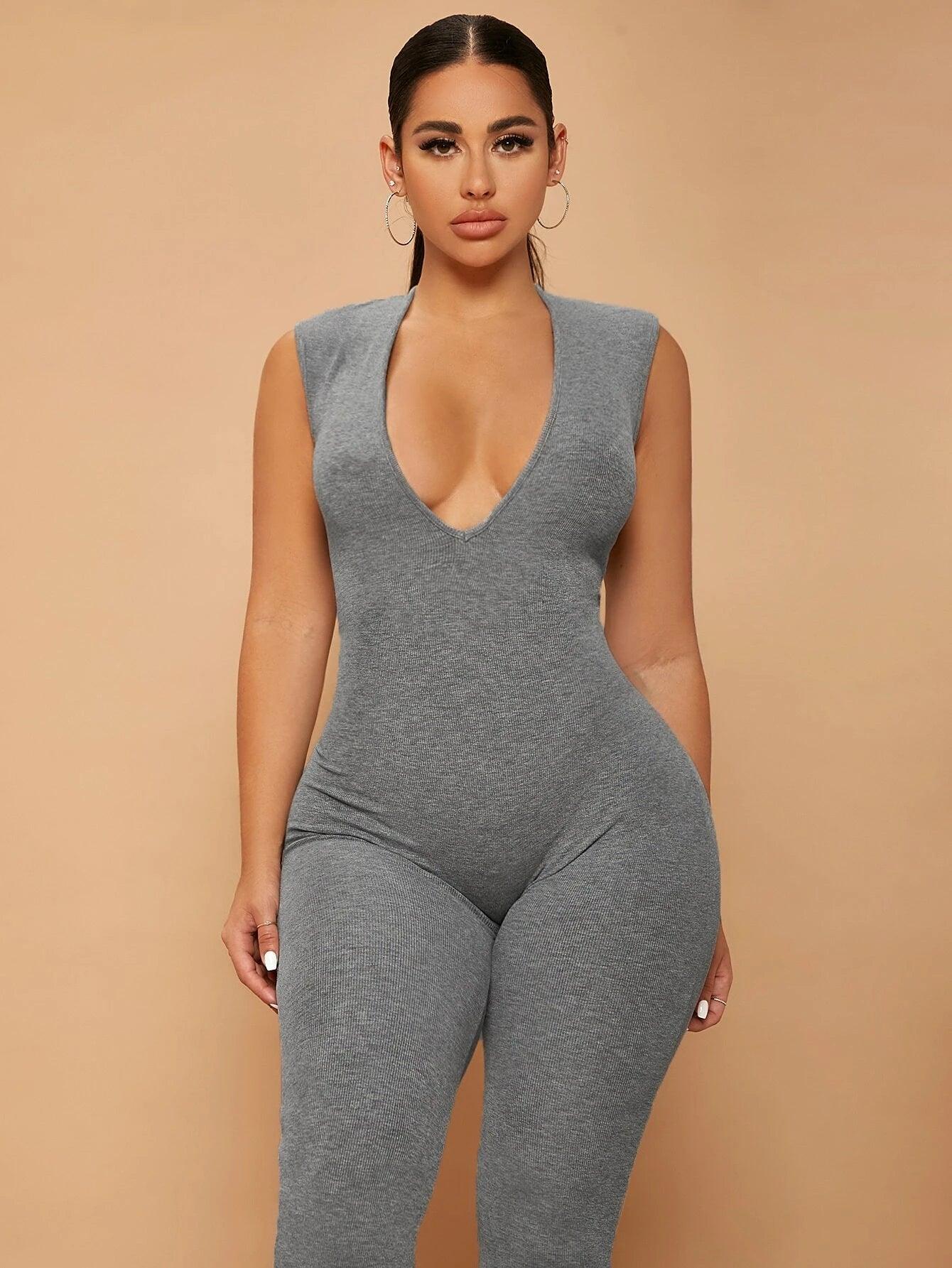 Deep V Neck Unitard Jumpsuit-Comfy Jumpsuits