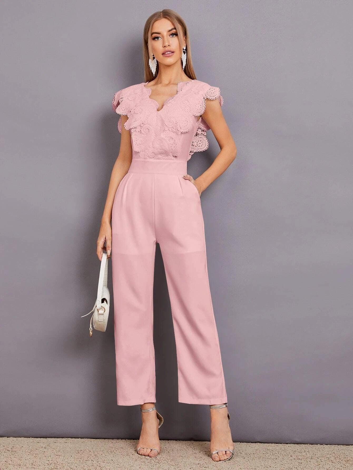 Contrast Lace Scallop Trim Jumpsuit-Comfy Jumpsuits