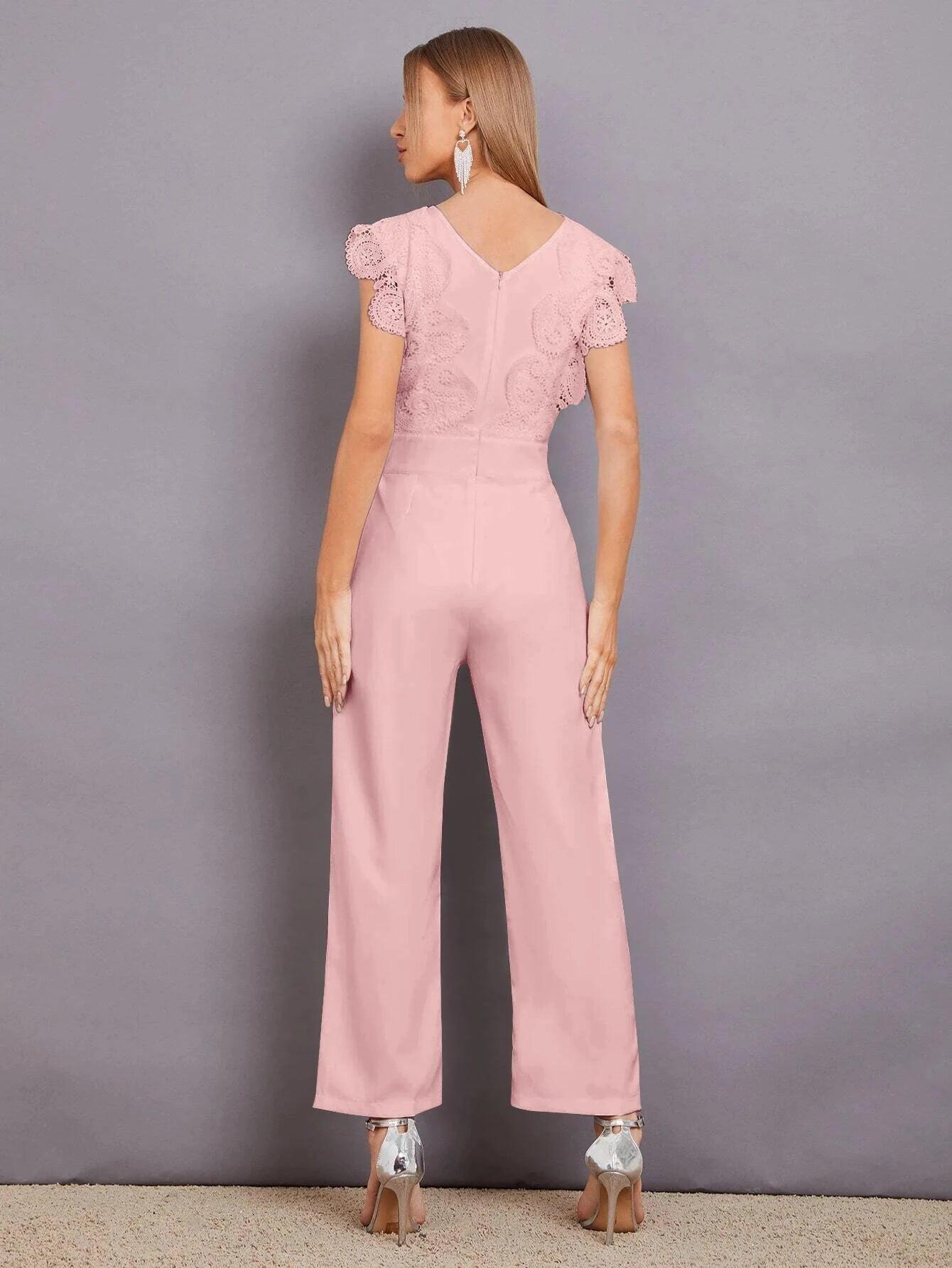 Contrast Lace Scallop Trim Jumpsuit-Comfy Jumpsuits