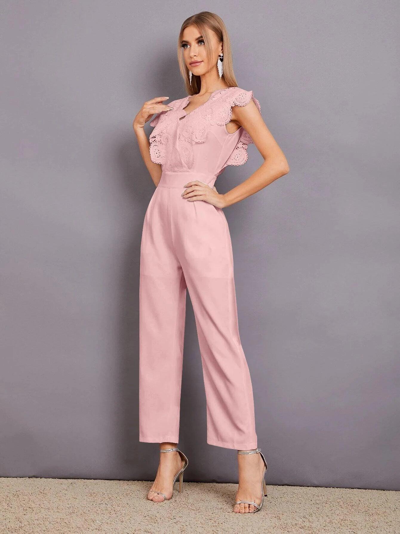 Contrast Lace Scallop Trim Jumpsuit-Comfy Jumpsuits