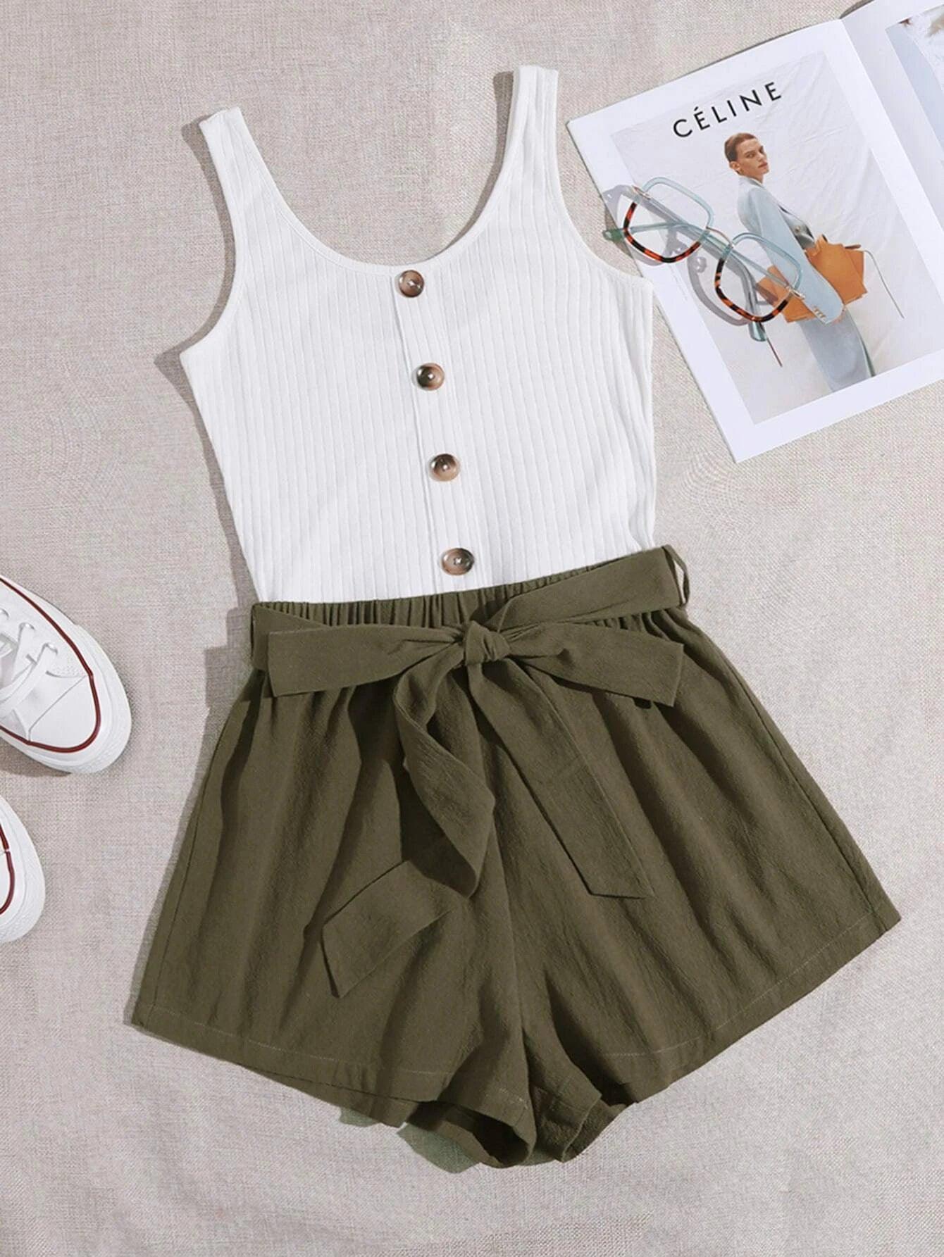 Button Front Belted Combo Tank Romper-Comfy Jumpsuits