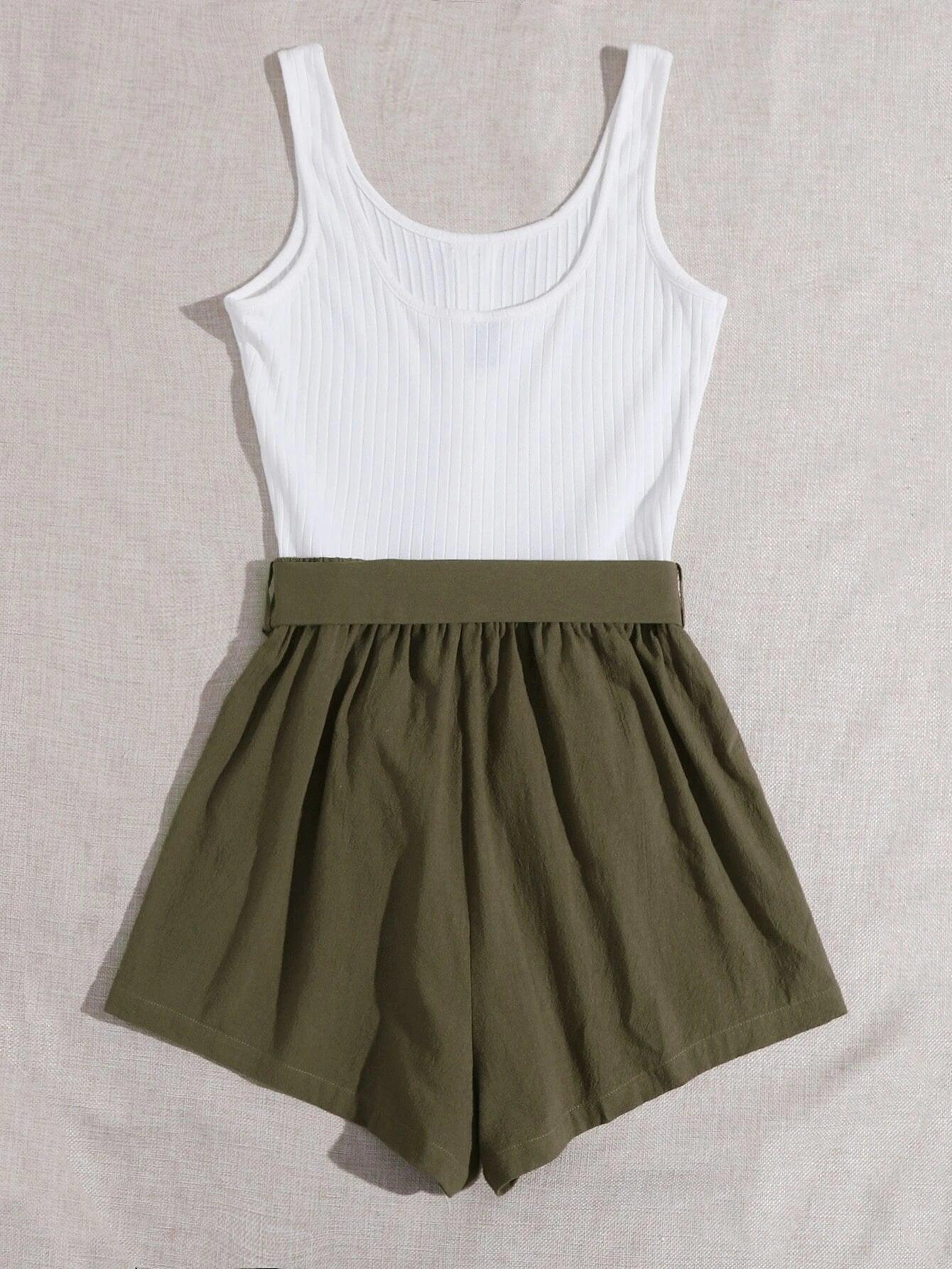 Button Front Belted Combo Tank Romper-Comfy Jumpsuits