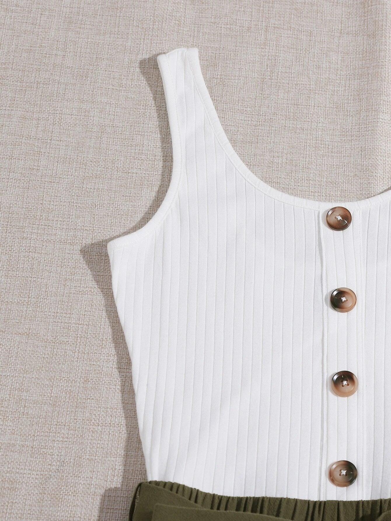 Button Front Belted Combo Tank Romper-Comfy Jumpsuits