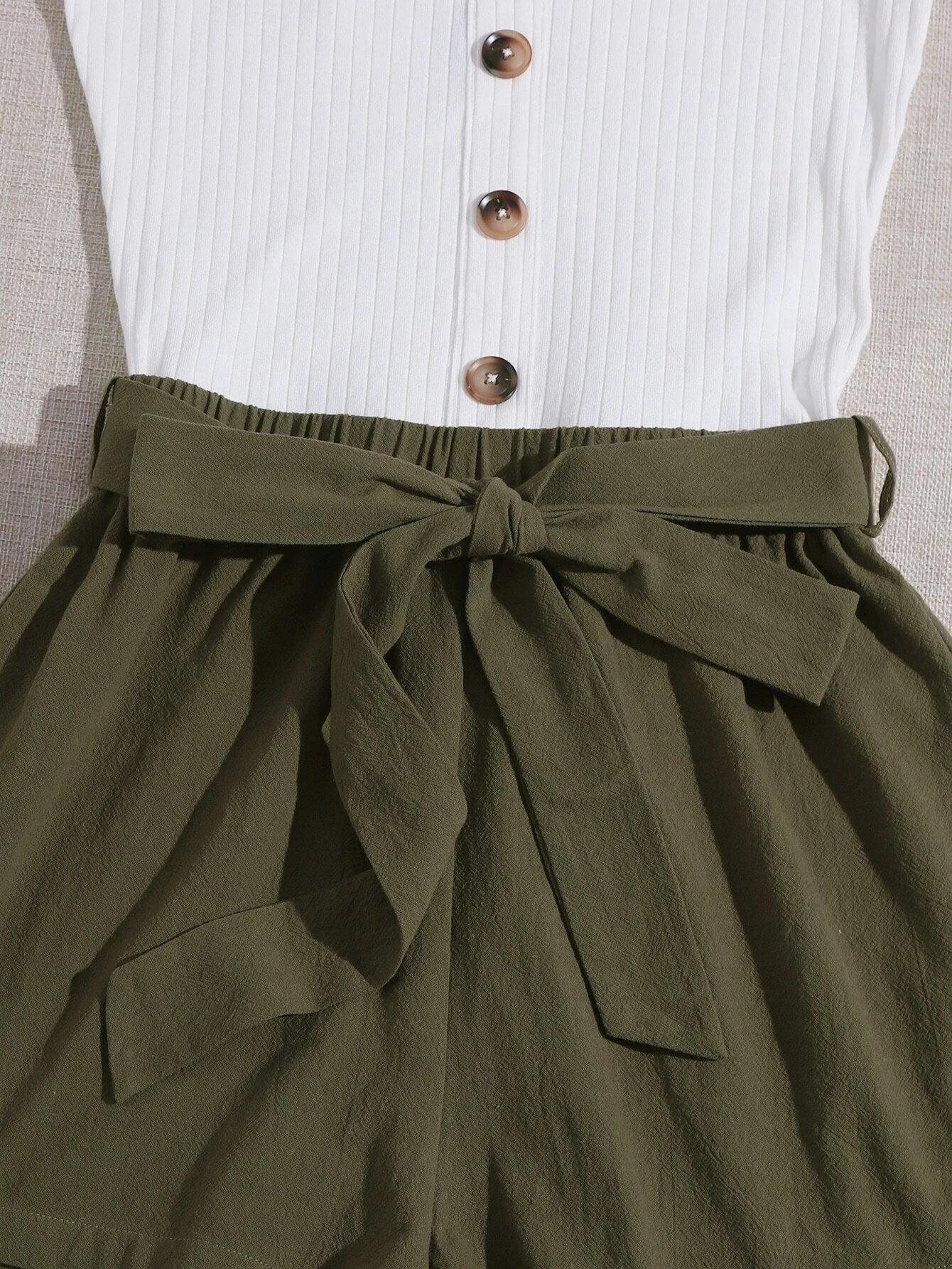 Button Front Belted Combo Tank Romper-Comfy Jumpsuits