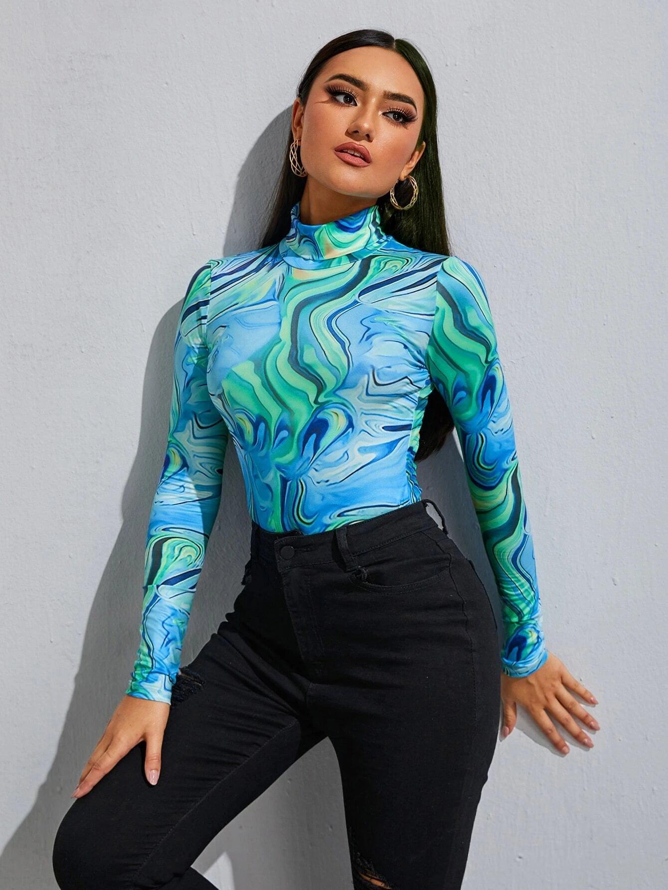 Print Turtleneck Slim Fit Bodysuit-Comfy Jumpsuits