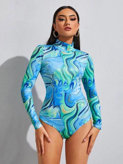 Print Turtleneck Slim Fit Bodysuit-Comfy Jumpsuits