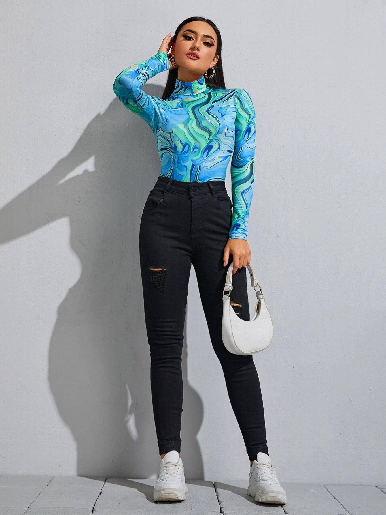 Print Turtleneck Slim Fit Bodysuit-Comfy Jumpsuits