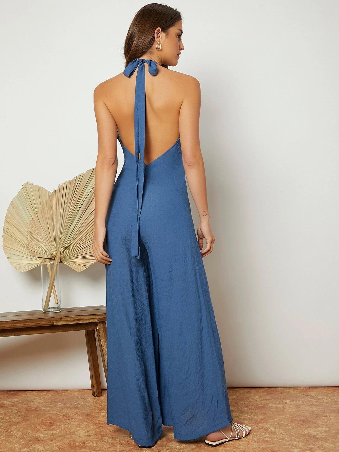 Halter Neck Wide Leg Jumpsuit-Comfy Jumpsuits