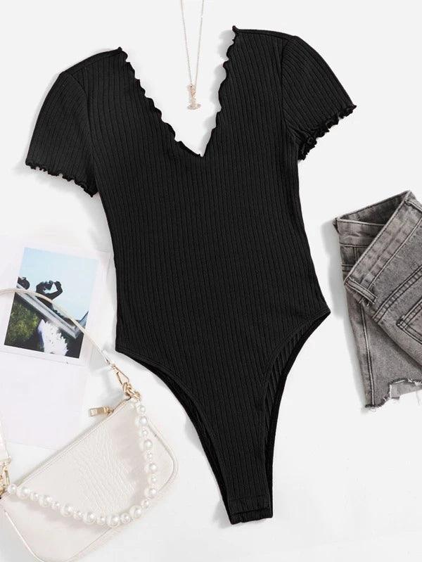 V Neck Lettuce Trim Ribbed Knit Bodysuit-Comfy Jumpsuits