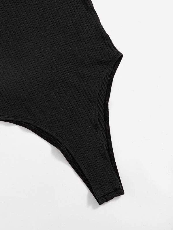 V Neck Lettuce Trim Ribbed Knit Bodysuit-Comfy Jumpsuits