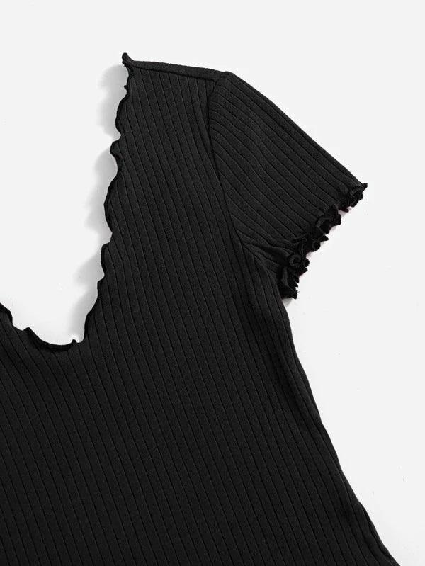 V Neck Lettuce Trim Ribbed Knit Bodysuit-Comfy Jumpsuits