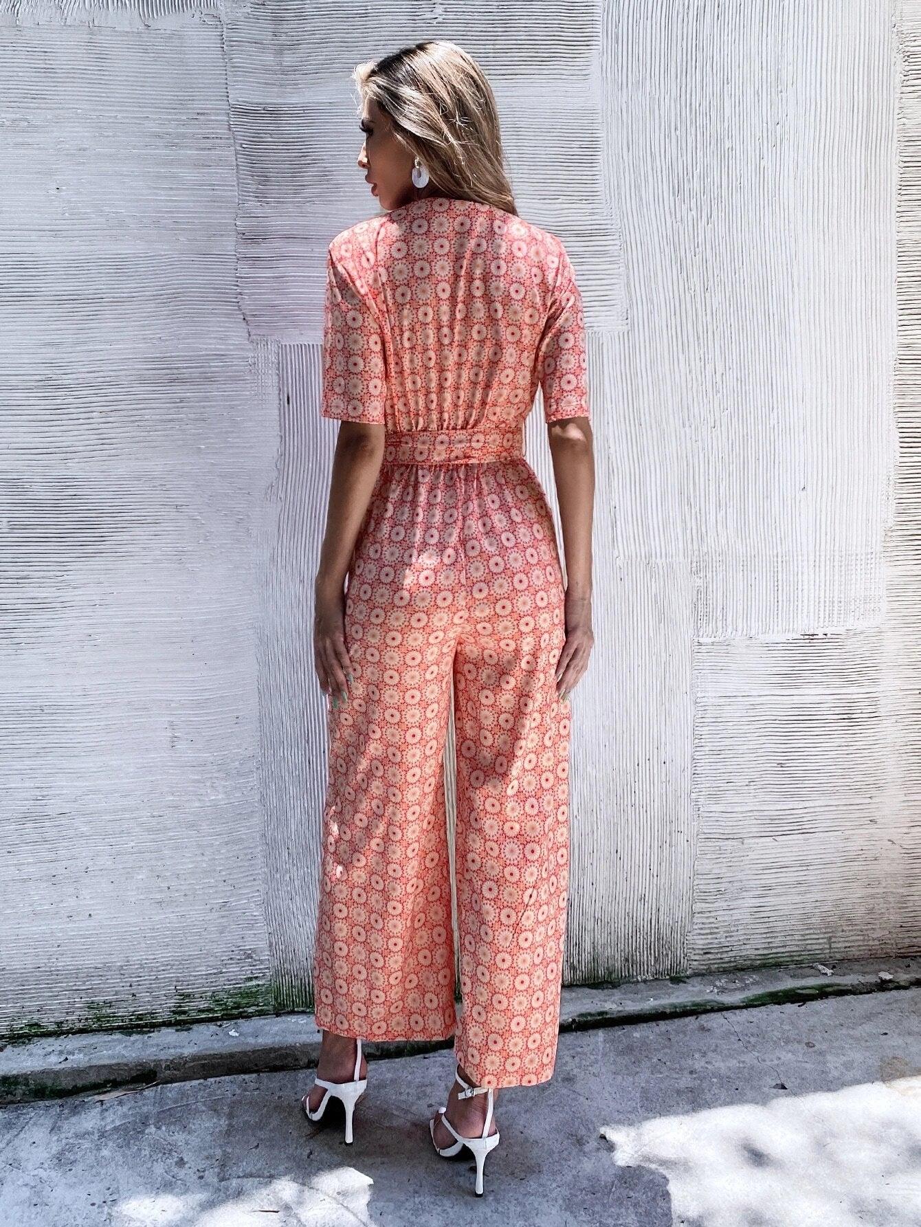 Floral Print Collar Belted Jumpsuit-Comfy Jumpsuits