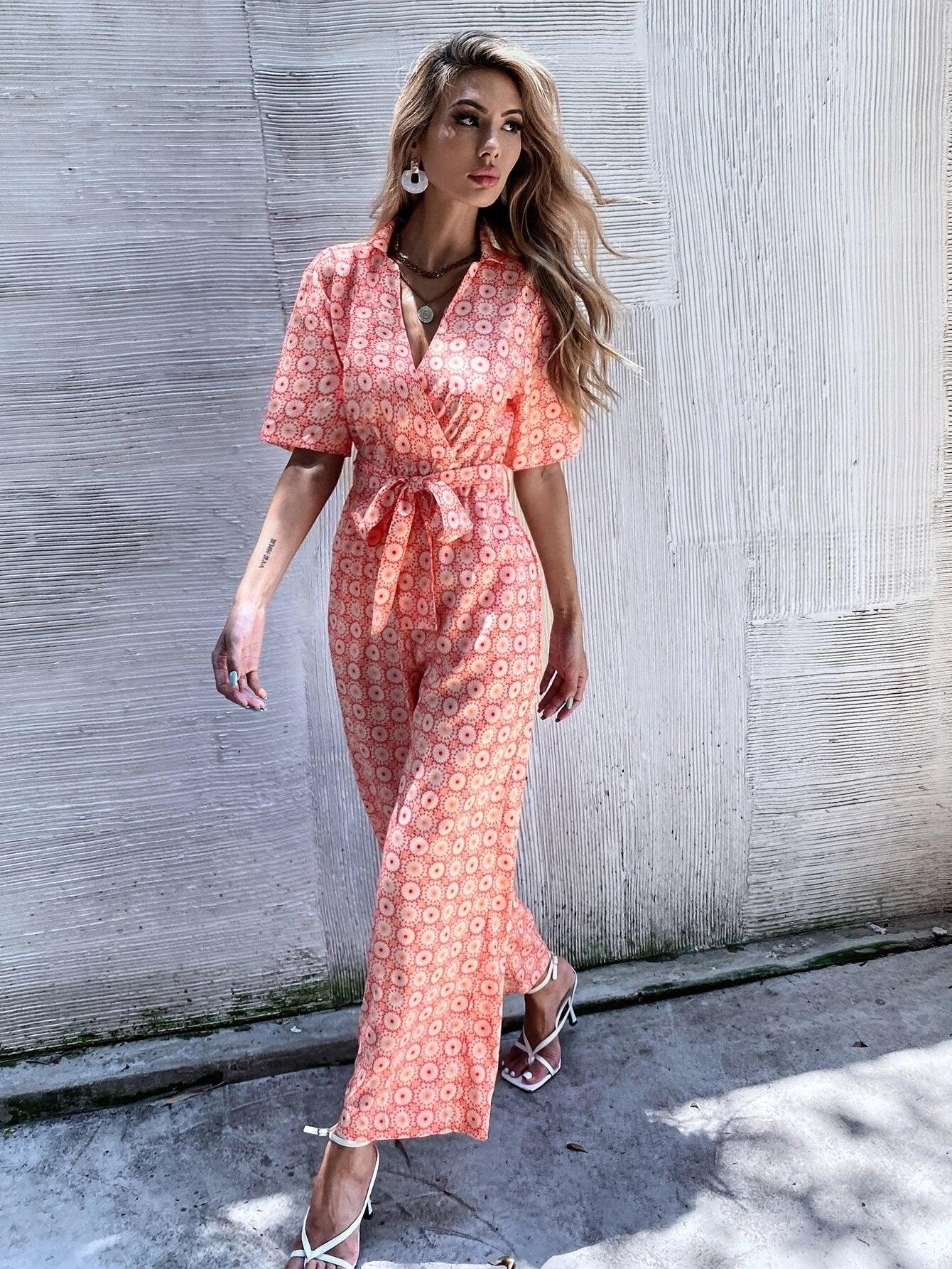 Floral Print Collar Belted Jumpsuit-Comfy Jumpsuits