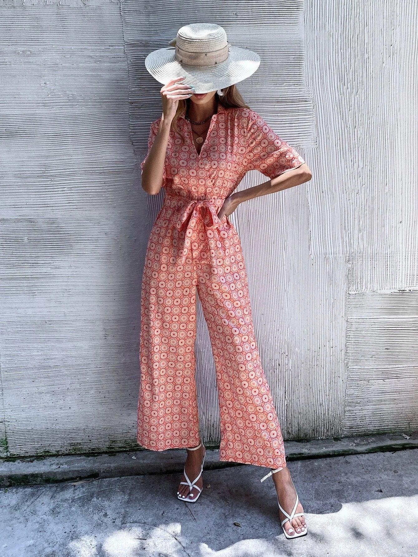 Floral Print Collar Belted Jumpsuit-Comfy Jumpsuits