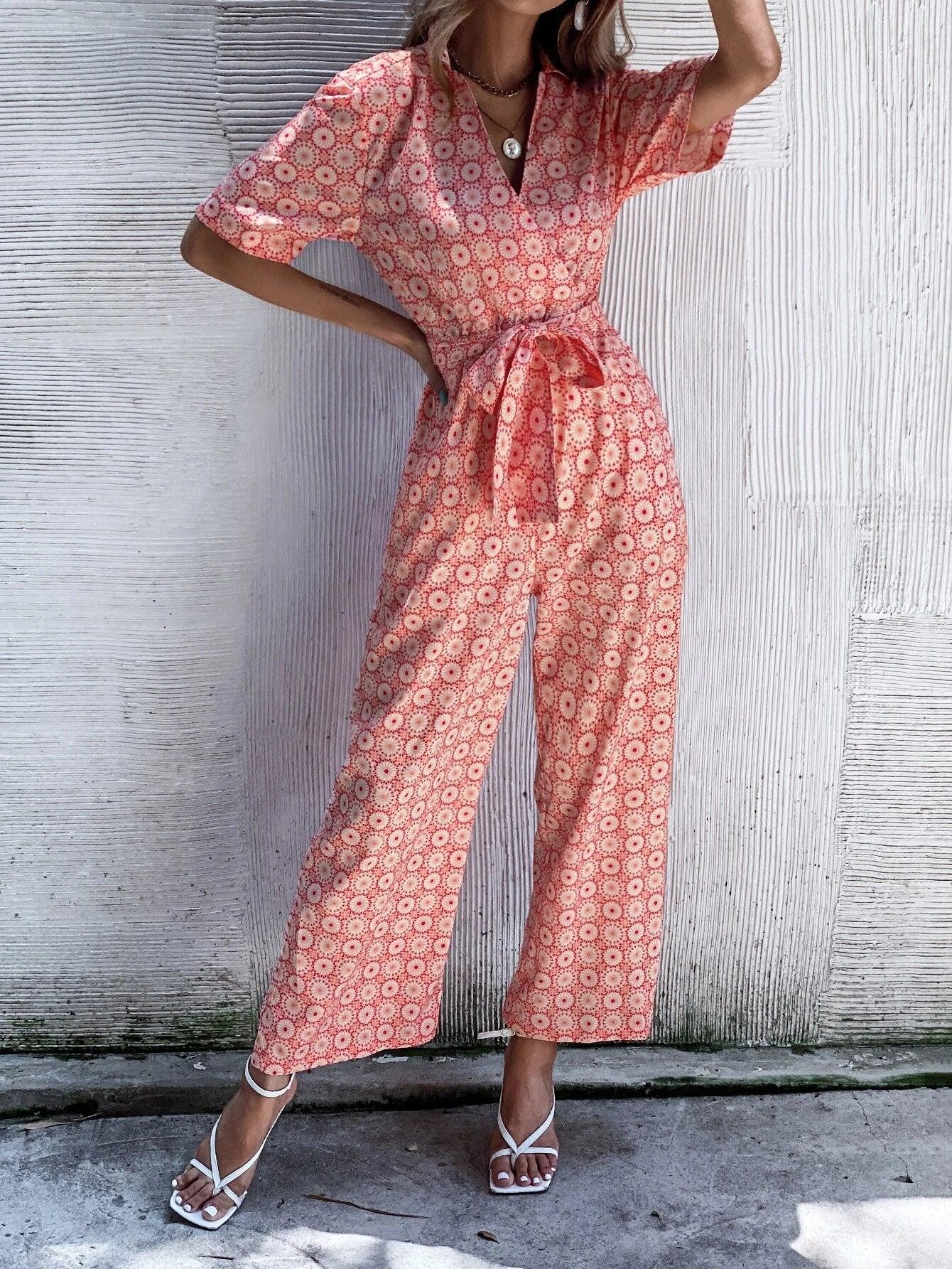 Floral Print Collar Belted Jumpsuit-Comfy Jumpsuits