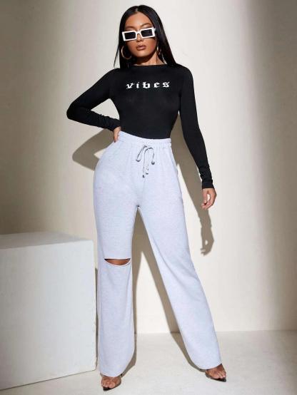 Letter Graphic Criss-Cross Backless Bodysuit-Comfy Jumpsuits