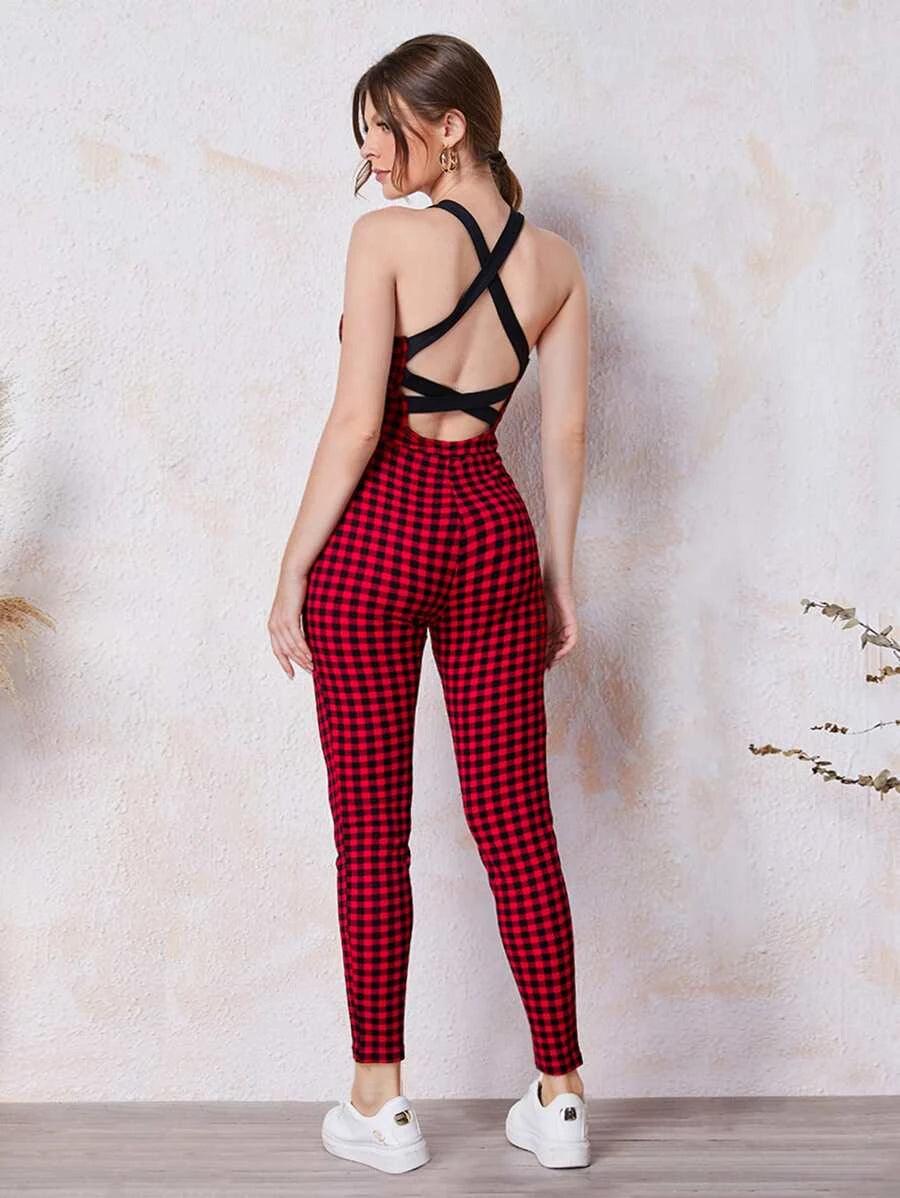 Crisscross Backless Gingham Unitard Jumpsuit-Comfy Jumpsuits