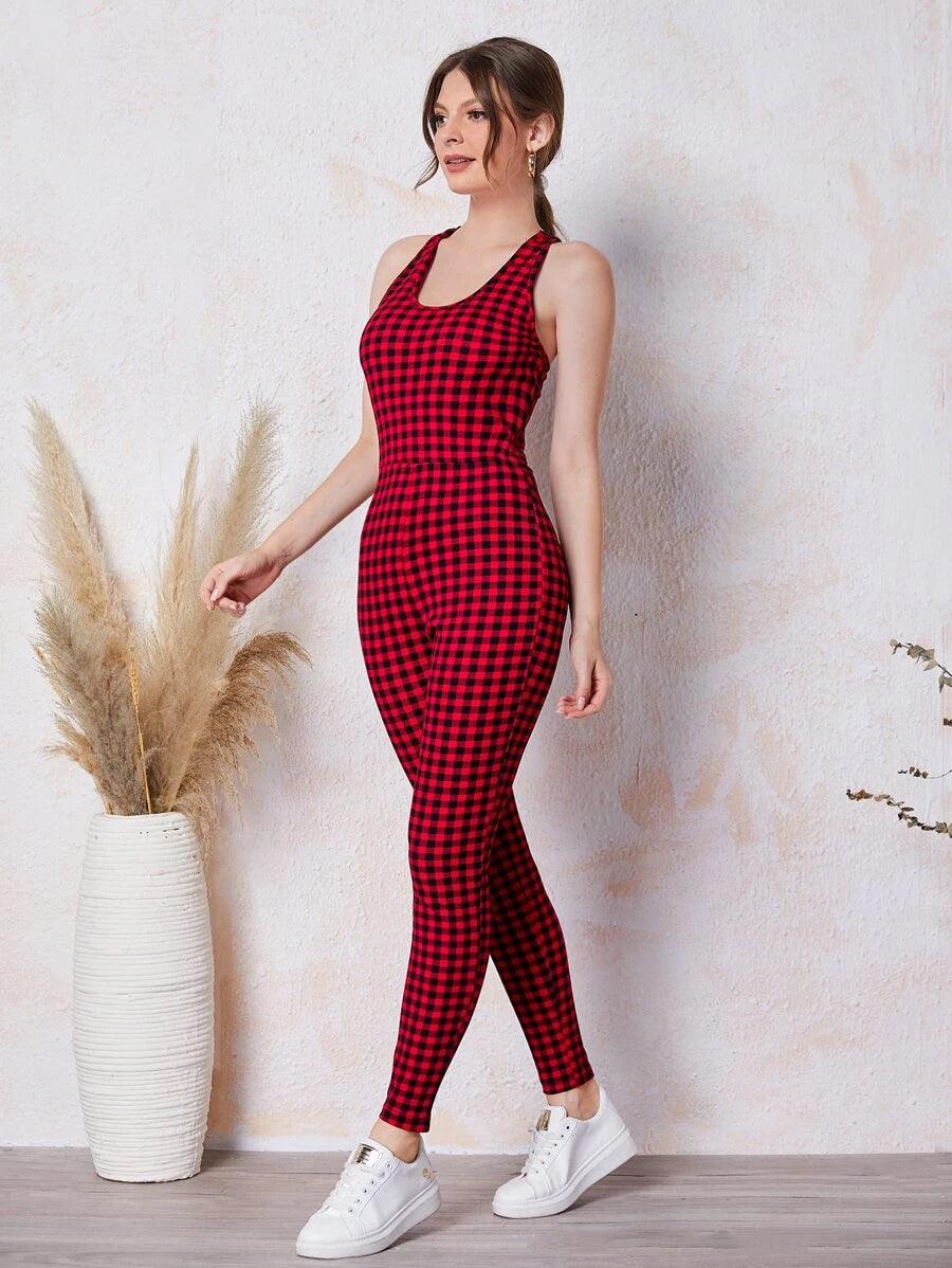 Crisscross Backless Gingham Unitard Jumpsuit-Comfy Jumpsuits