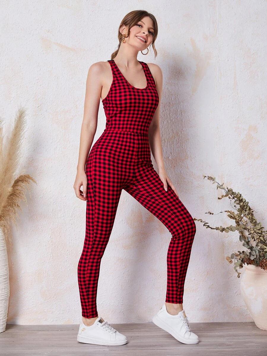 Crisscross Backless Gingham Unitard Jumpsuit-Comfy Jumpsuits