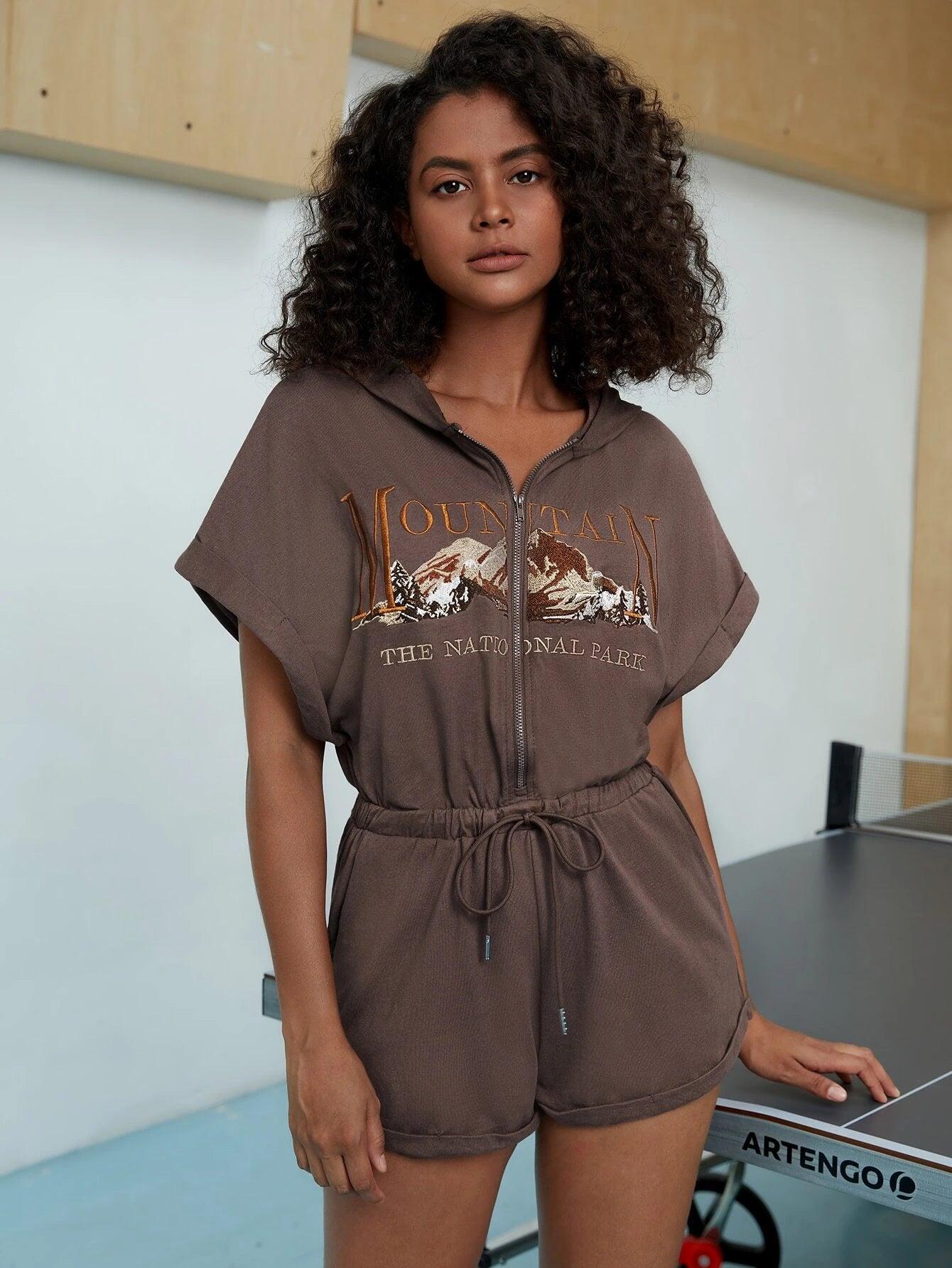 Graphic Embroidery Drawstring Waist Zip Up Hooded Romper-Comfy Jumpsuits