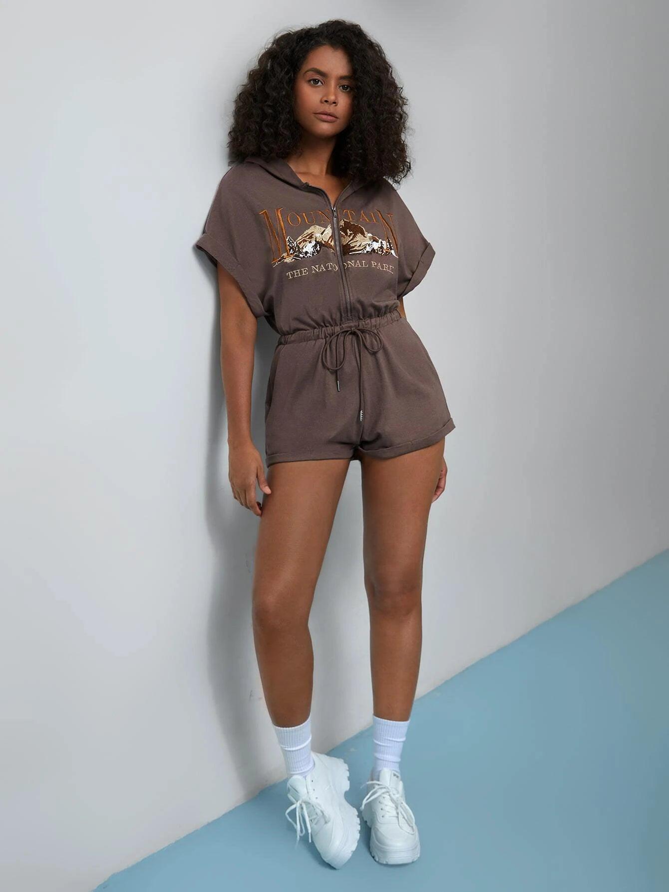 Graphic Embroidery Drawstring Waist Zip Up Hooded Romper-Comfy Jumpsuits