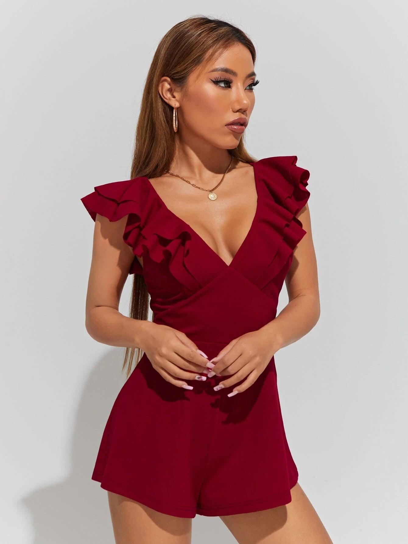 V Neck Ruffle Trim Crisscross Back Romper-Comfy Jumpsuits