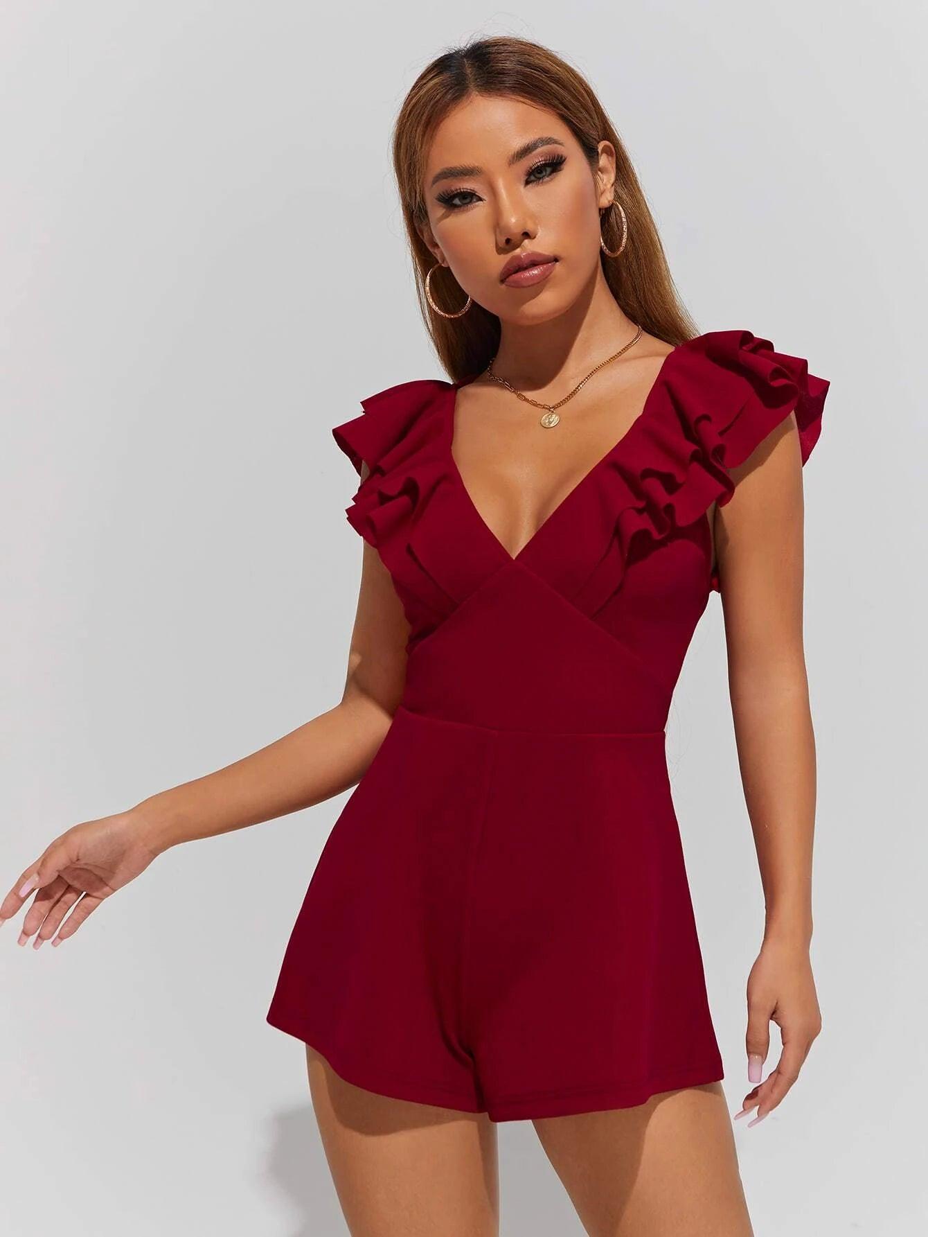 V Neck Ruffle Trim Crisscross Back Romper-Comfy Jumpsuits