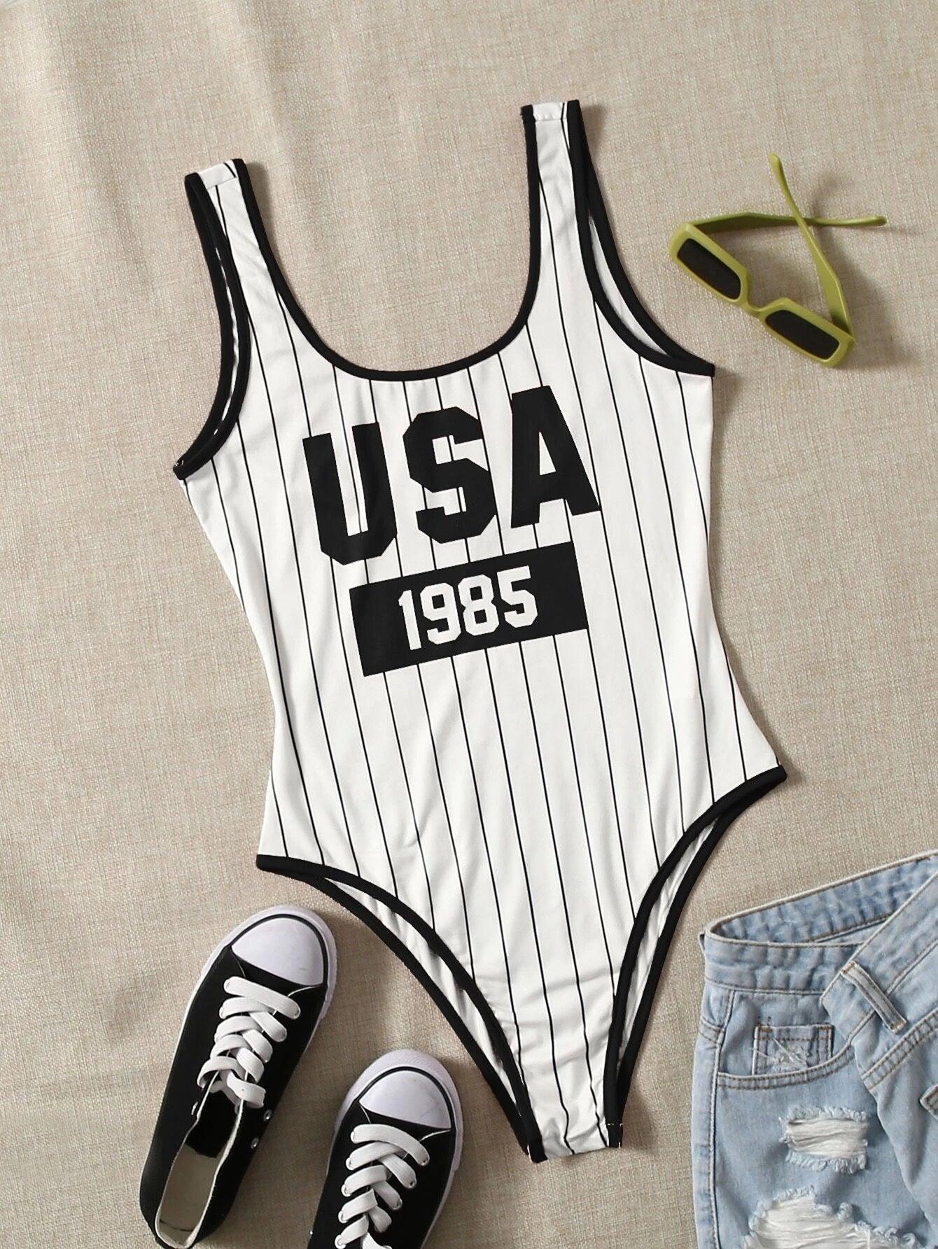 Striped & Letter Graphic Contrast Scoop Neck Bodysuit-Comfy Jumpsuits