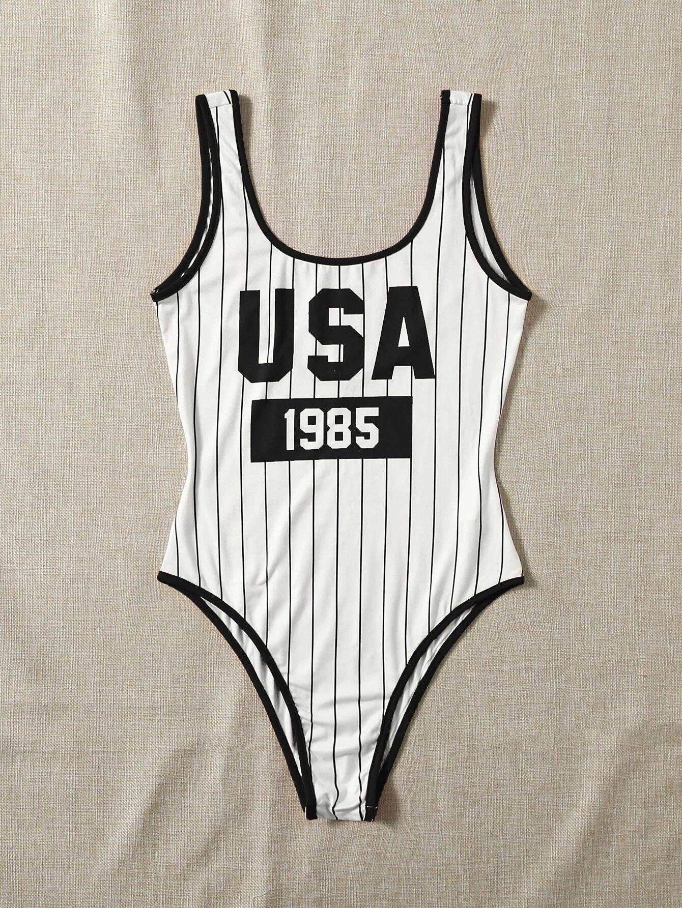 Striped & Letter Graphic Contrast Scoop Neck Bodysuit-Comfy Jumpsuits