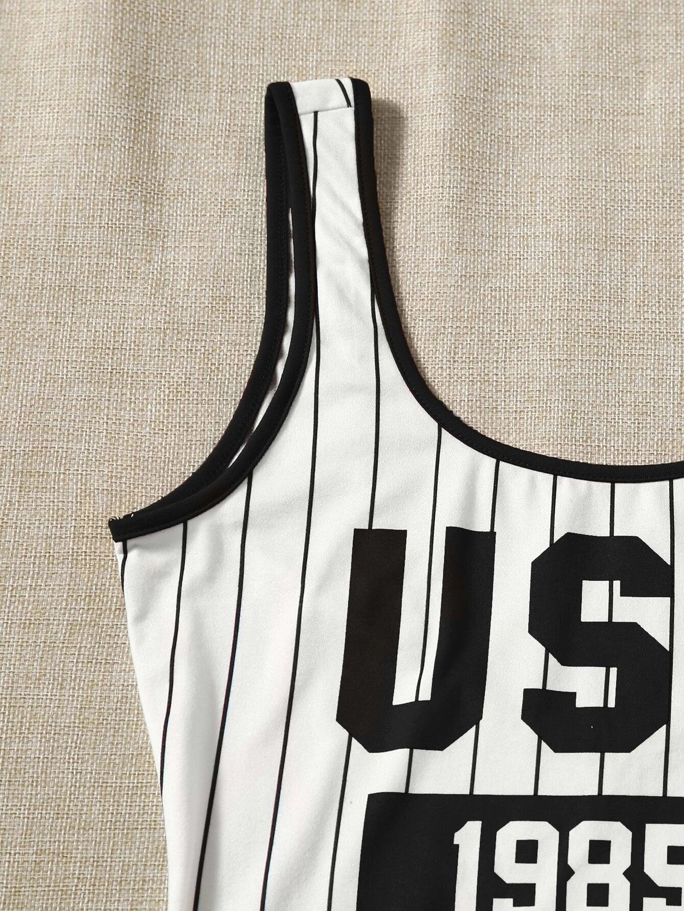 Striped & Letter Graphic Contrast Scoop Neck Bodysuit-Comfy Jumpsuits