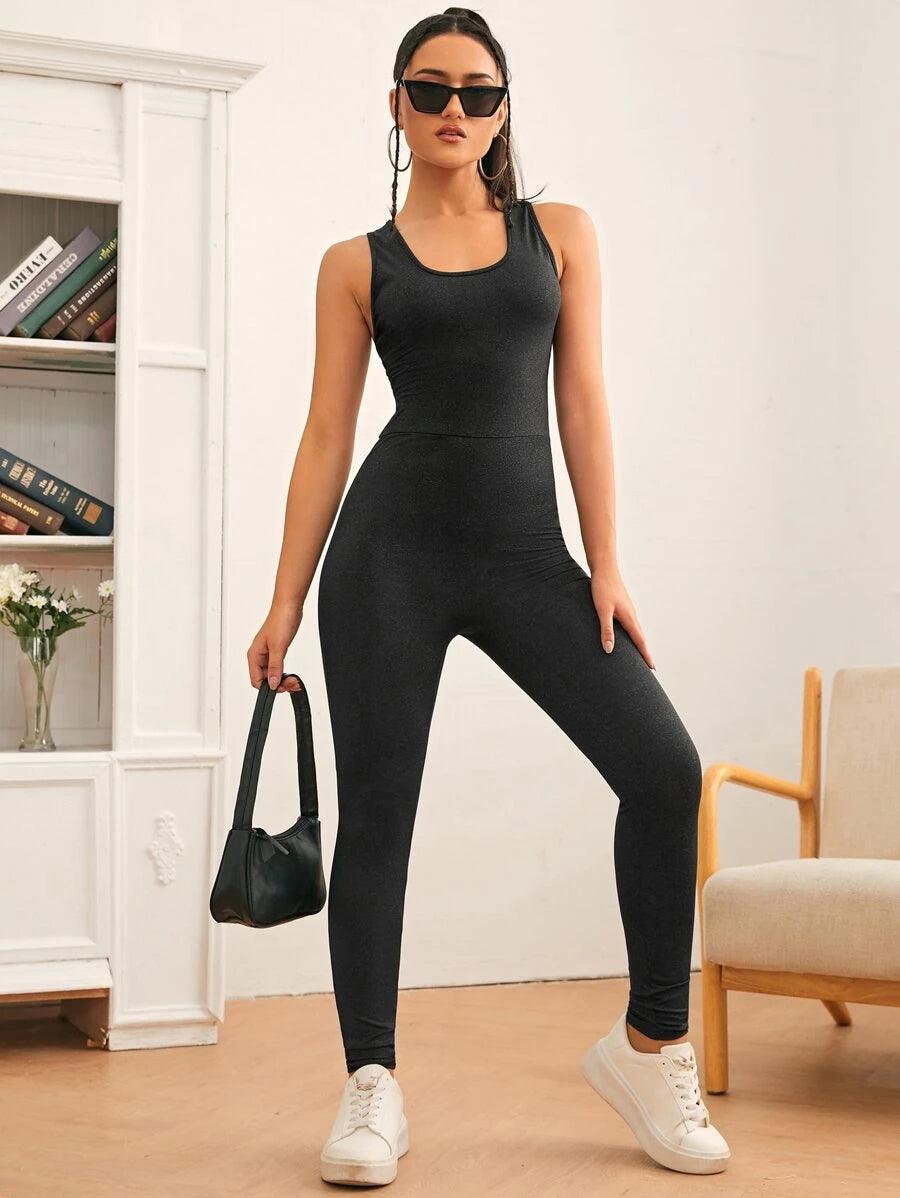 Crisscross Backless Marled Unitard Jumpsuit-Comfy Jumpsuits