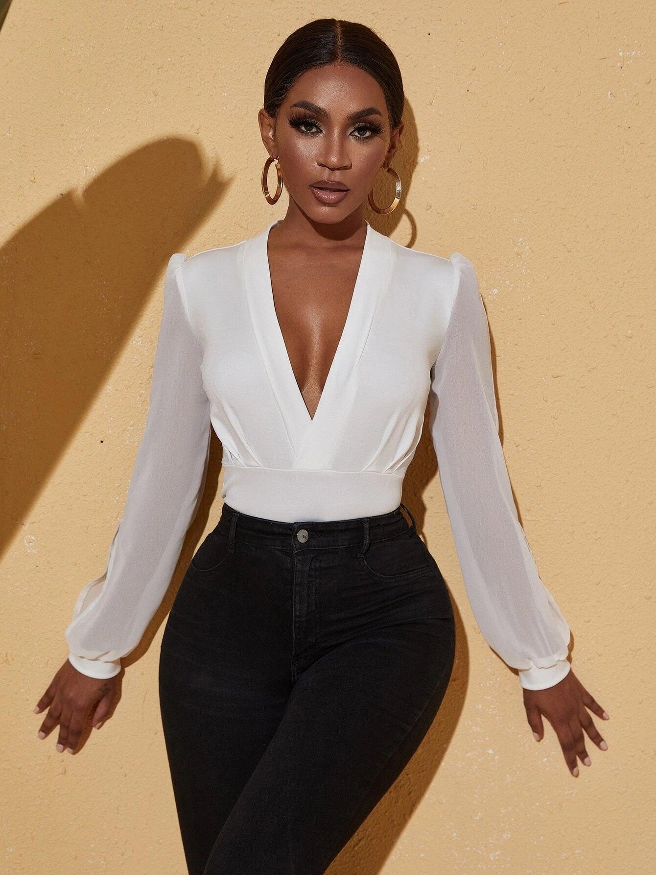 Plunging Neck Split Sleeve Plicated Bodysuit-Comfy Jumpsuits