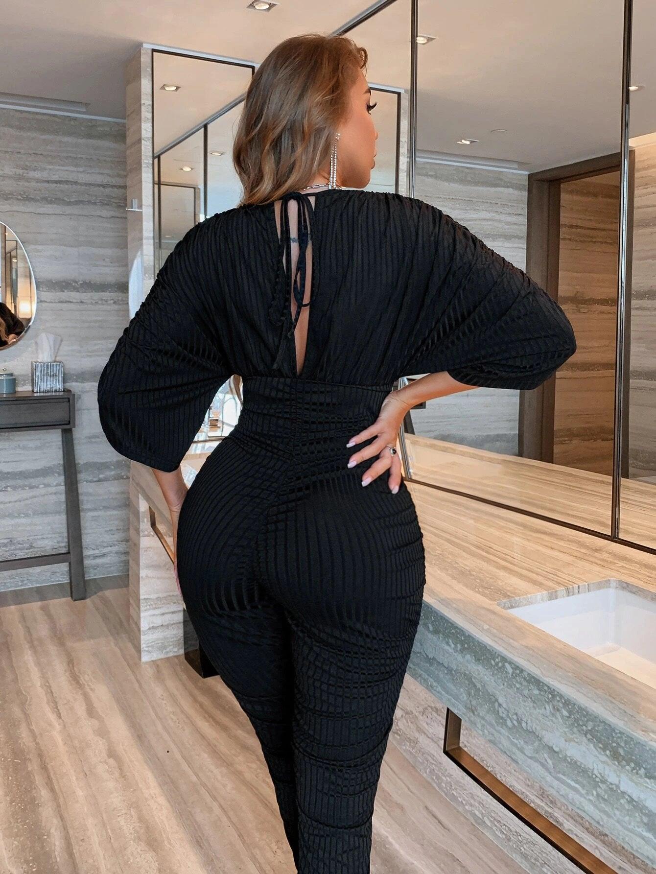 Tie Back Batwing Sleeve Jumpsuit-Comfy Jumpsuits