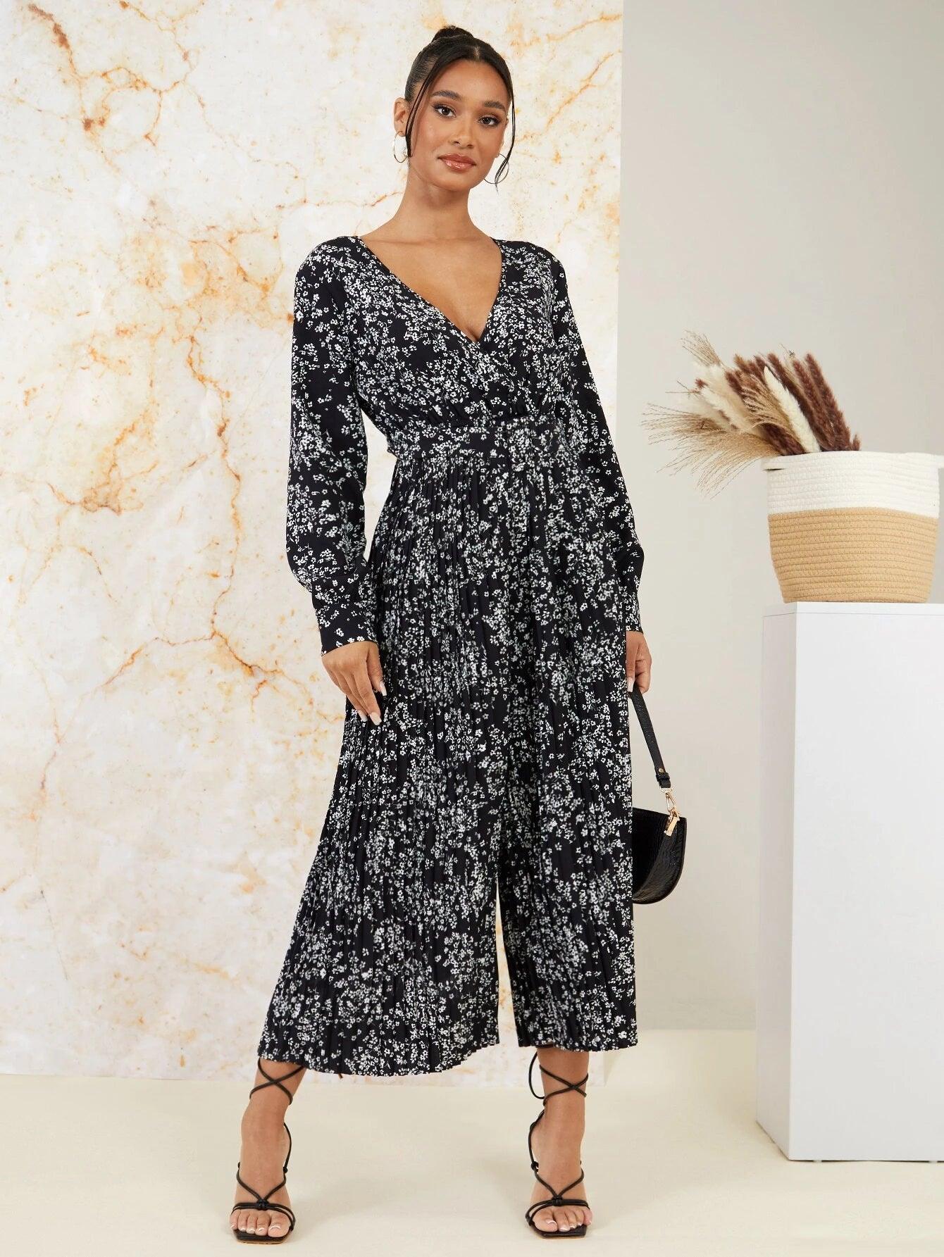 Floral Bishop Sleeve Jumpsuit-Comfy Jumpsuits