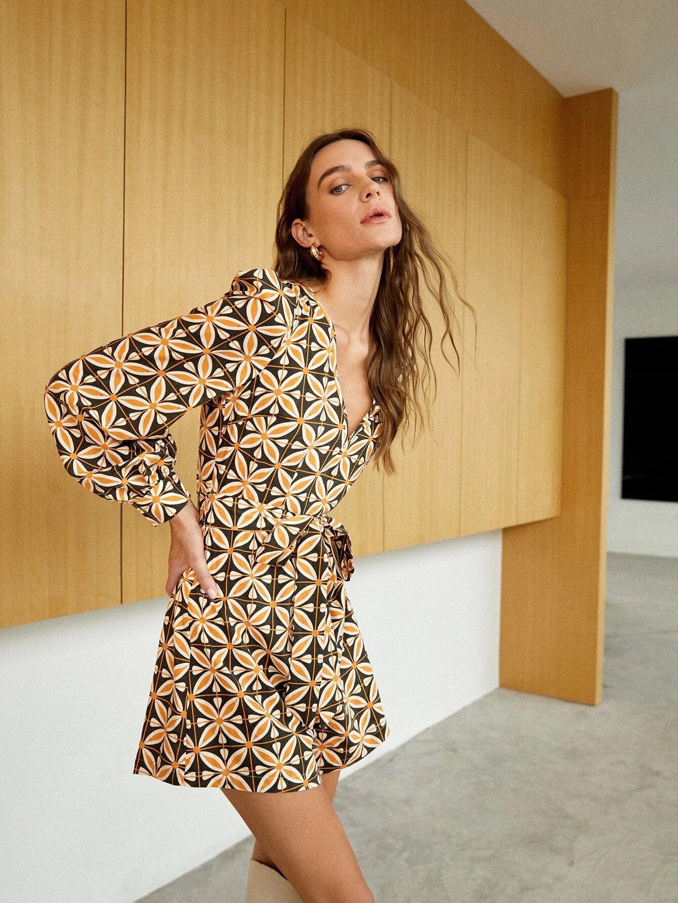 Floral Print Drawstring Romper-Comfy Jumpsuits