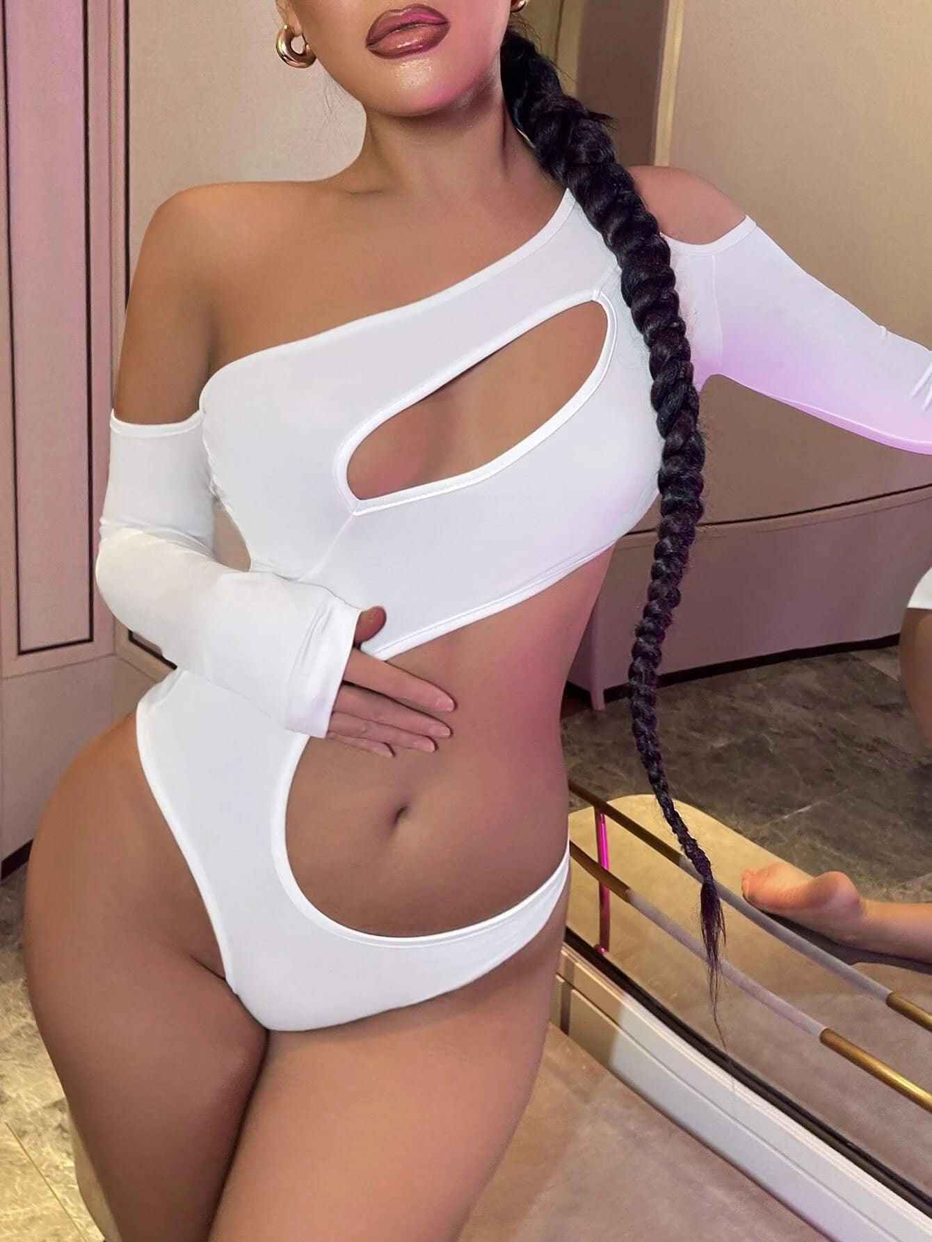 Asymmetrical Neck Cut Out Bodysuit-Comfy Jumpsuits