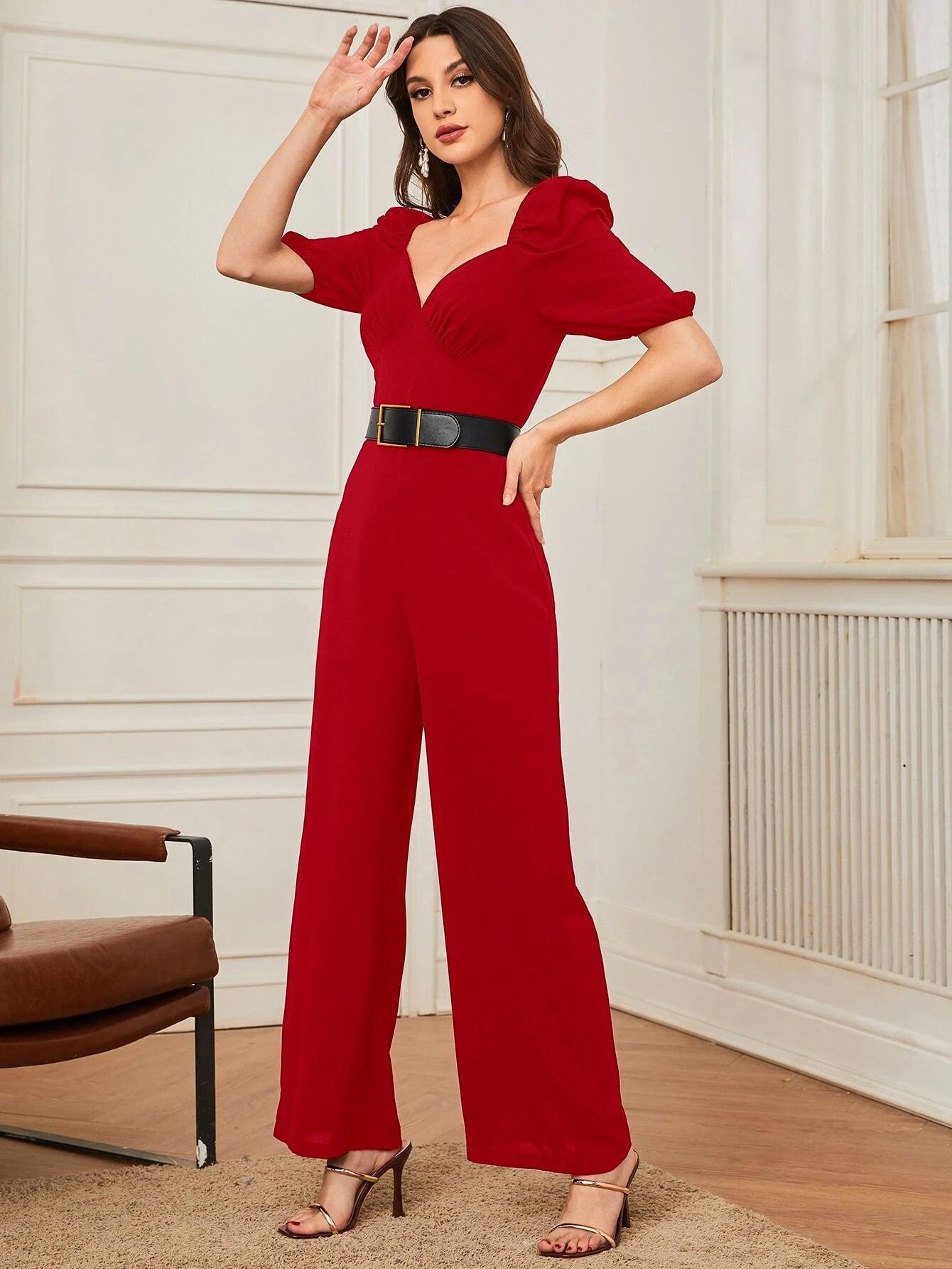 Puff Sleeve Jumpsuit Without Belt-Comfy Jumpsuits