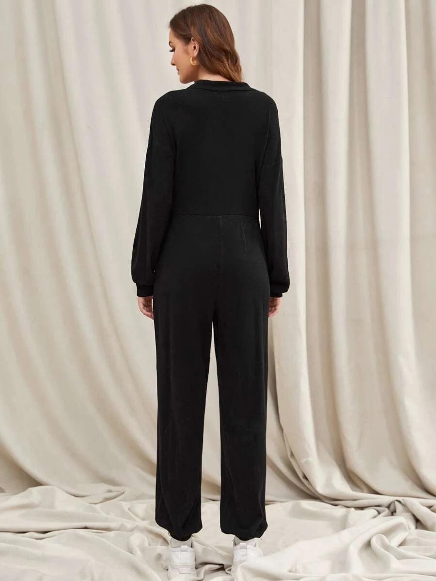 Half Button Hidden Pocket Jumpsuit-Comfy Jumpsuits