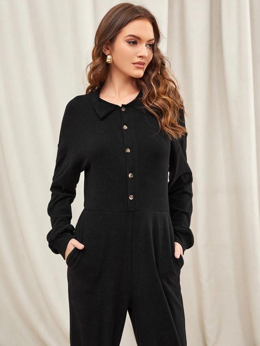 Half Button Hidden Pocket Jumpsuit-Comfy Jumpsuits