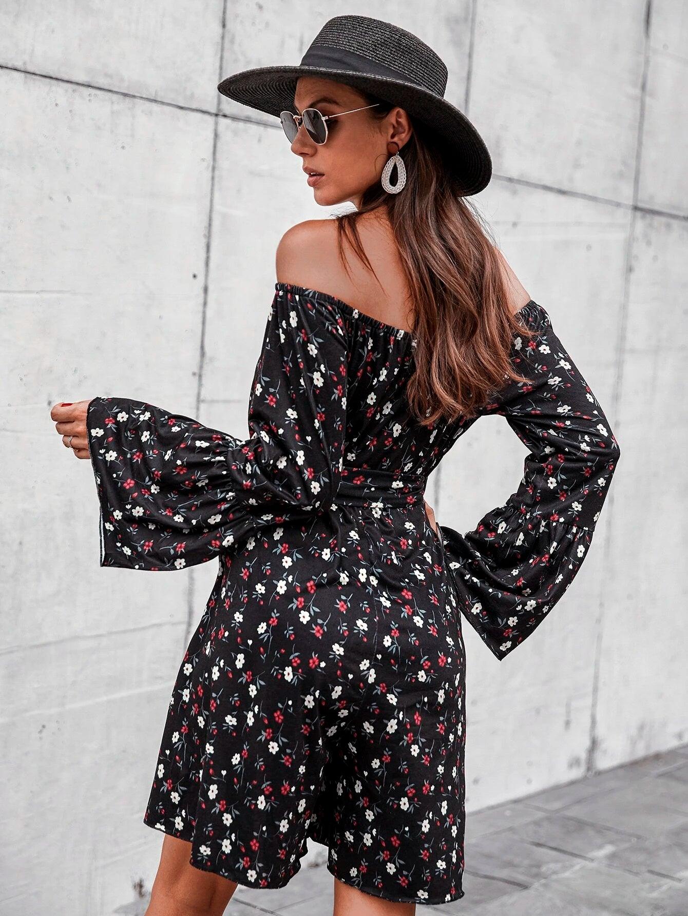 Flounce Sleeve Belted Romper-Comfy Jumpsuits