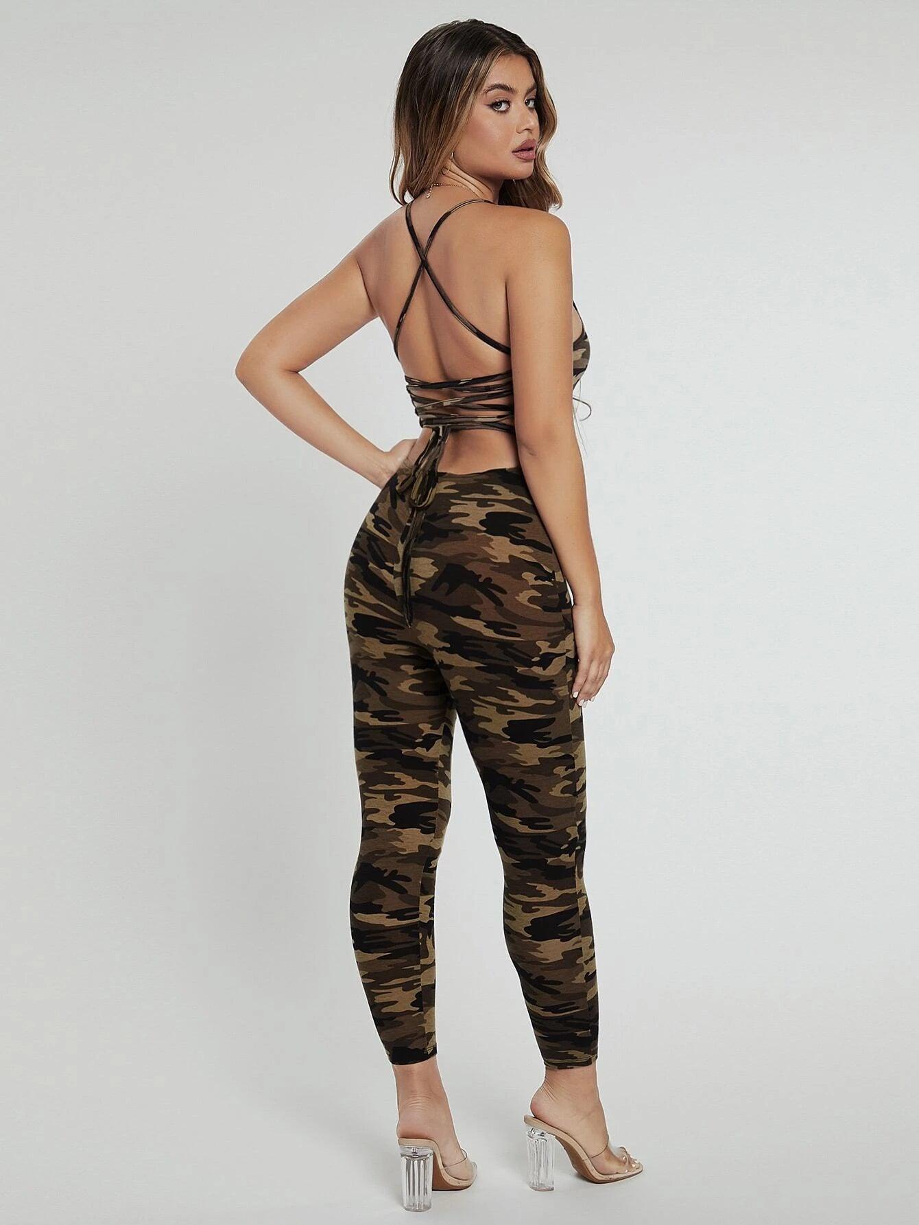 Camo Print Lace Up Backless Cami Jumpsuit-Comfy Jumpsuits