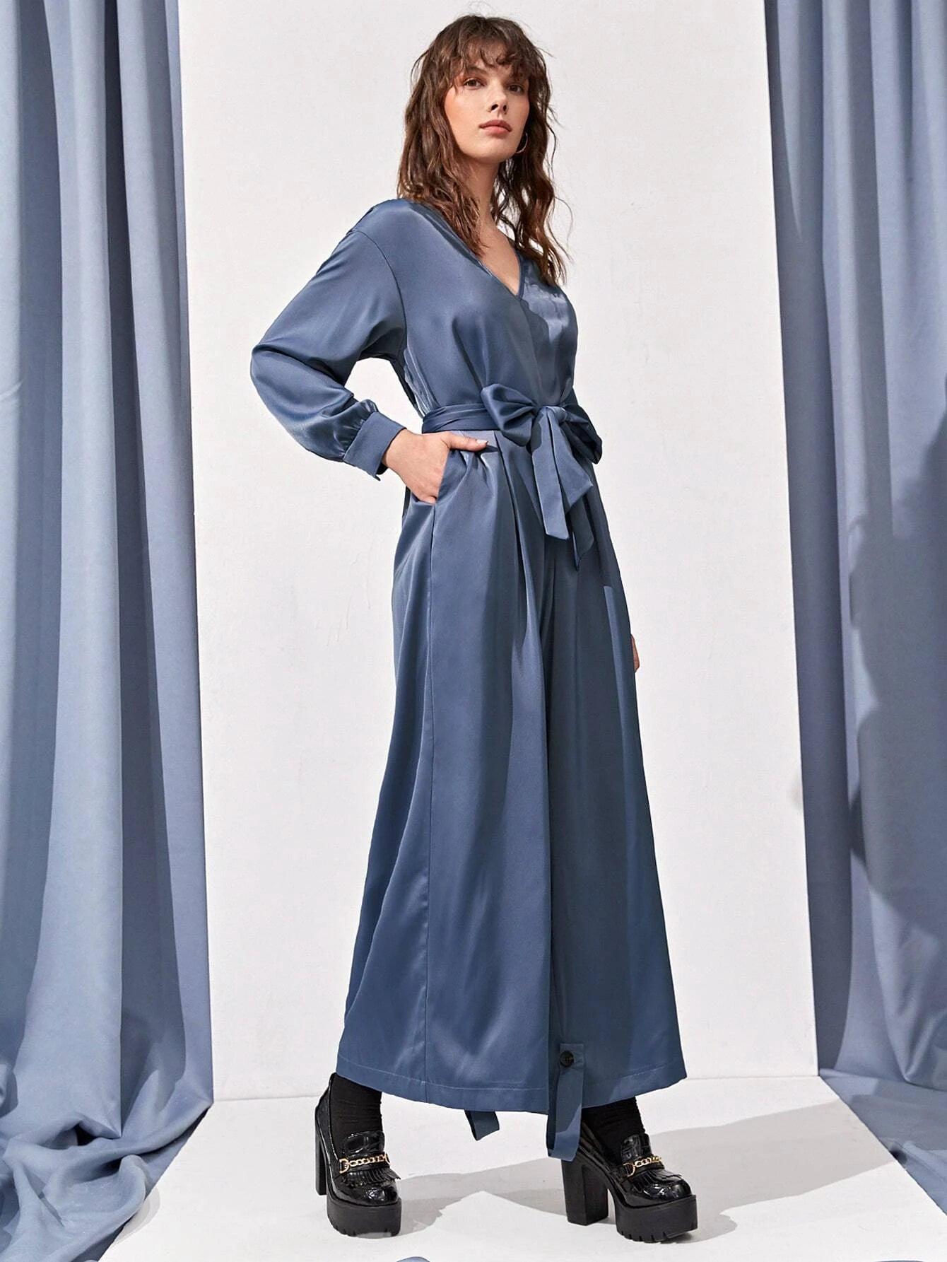 Hidden Pocket Knot Hem Belted Jumpsuit-Comfy Jumpsuits