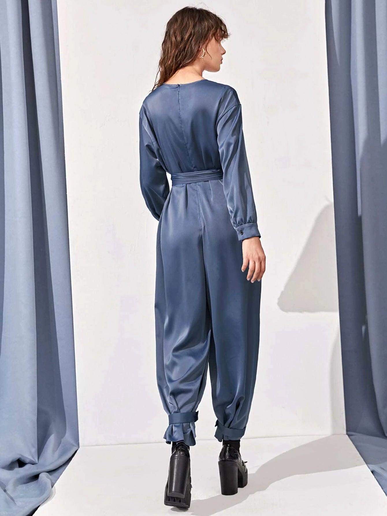 Hidden Pocket Knot Hem Belted Jumpsuit-Comfy Jumpsuits