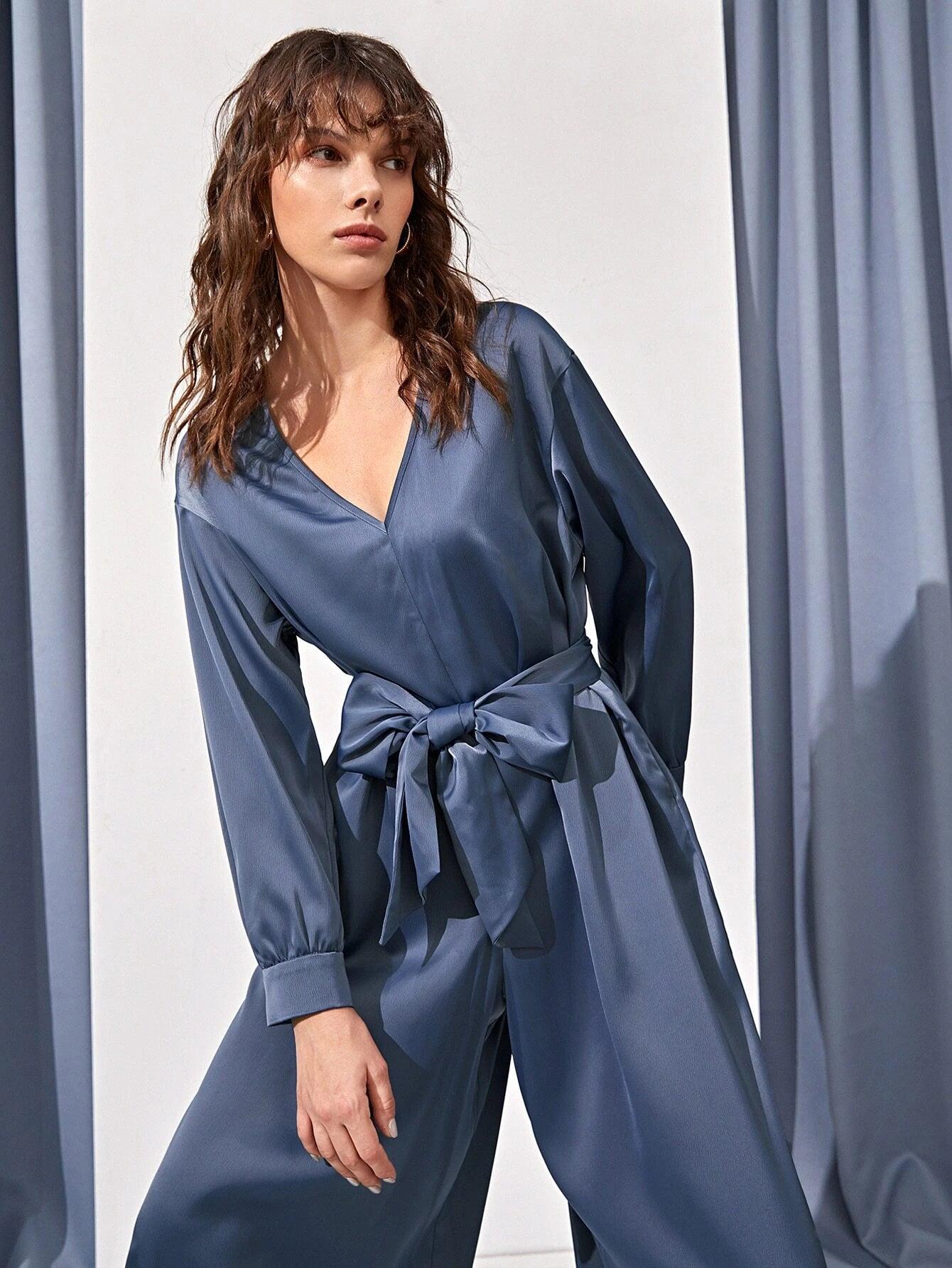 Hidden Pocket Knot Hem Belted Jumpsuit-Comfy Jumpsuits